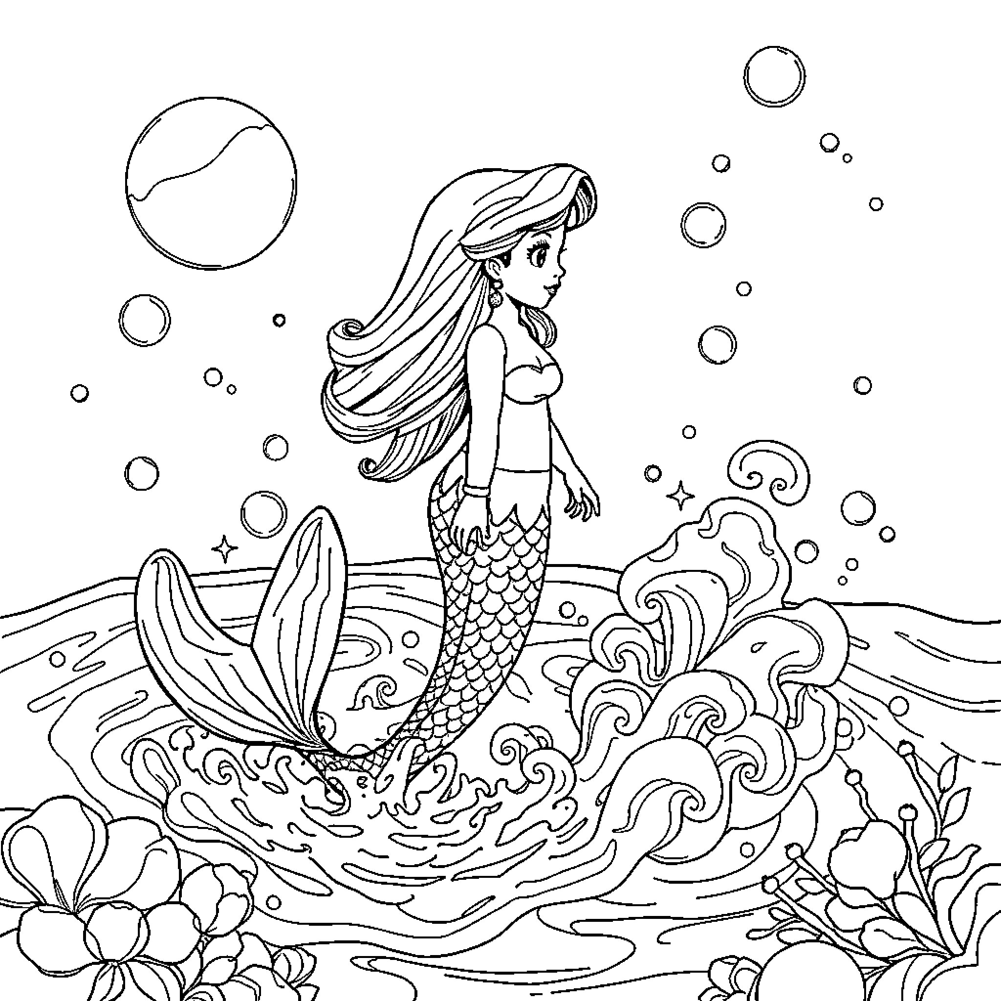 Sirenita's serene underwater adventure Coloring Page (free black-and-white line drawing printable PDF for all, from beginners to advanced learners, including children, teens, adults, and seniors)