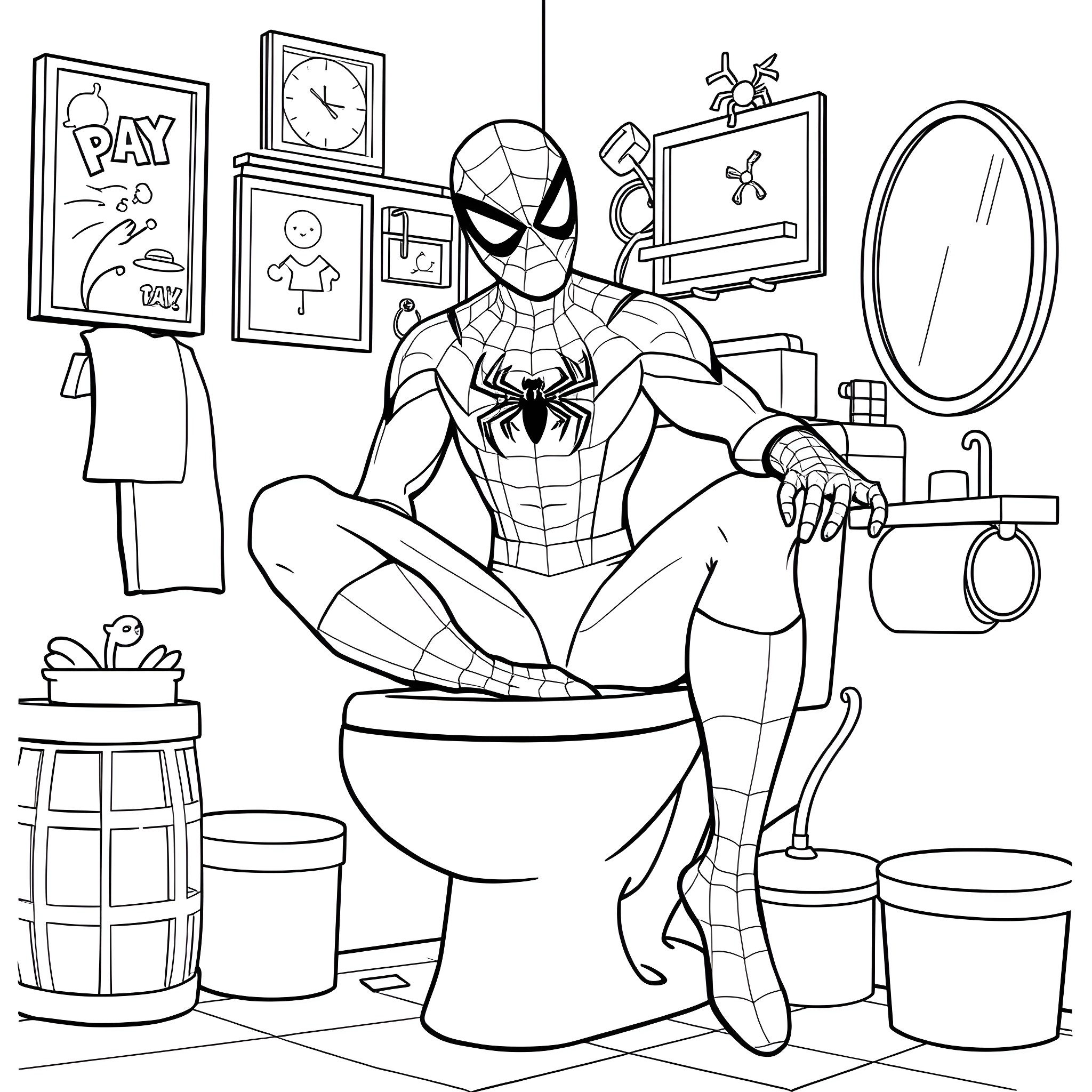 Spiderman relaxing in the bathroom Coloring Page (free black-and-white line drawing printable PDF for all, from beginners to advanced learners, including children, teens, adults, and seniors)