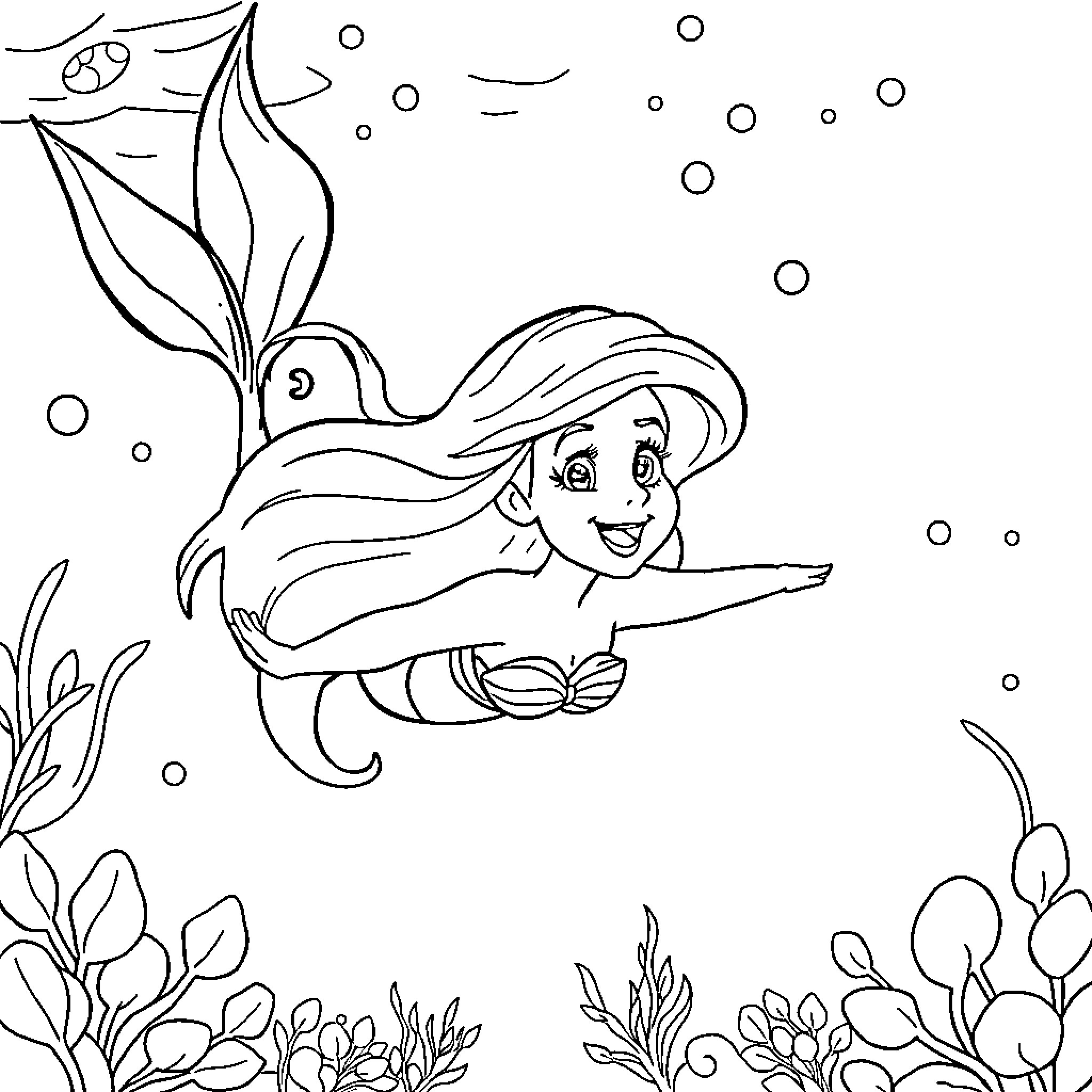 Ariel swimming in the underwater garden Coloring Page (free black-and-white line drawing printable PDF for all, from beginners to advanced learners, including children, teens, adults, and seniors)