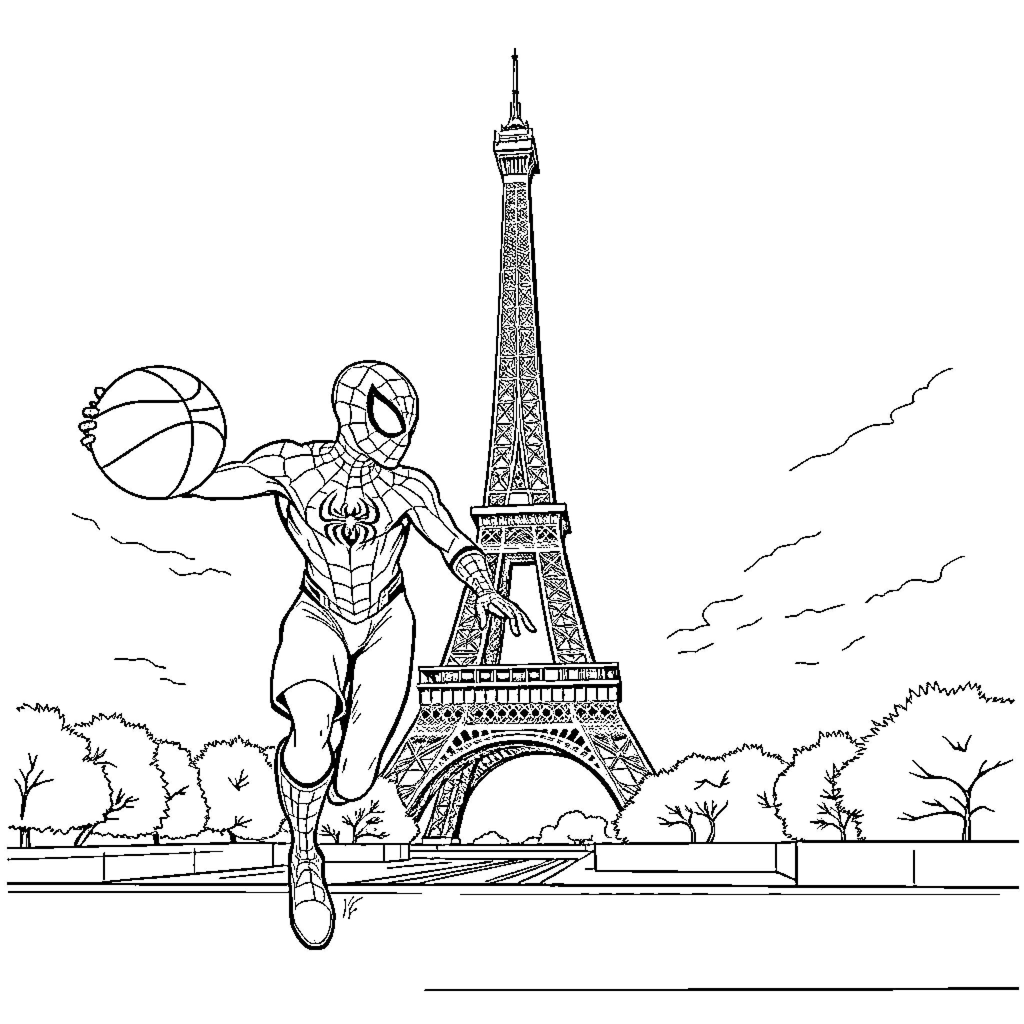 Spiderman swinging in front of the Eiffel Tower Coloring Page (free black-and-white line drawing printable PDF for all, from beginners to advanced learners, including children, teens, adults, and seniors)