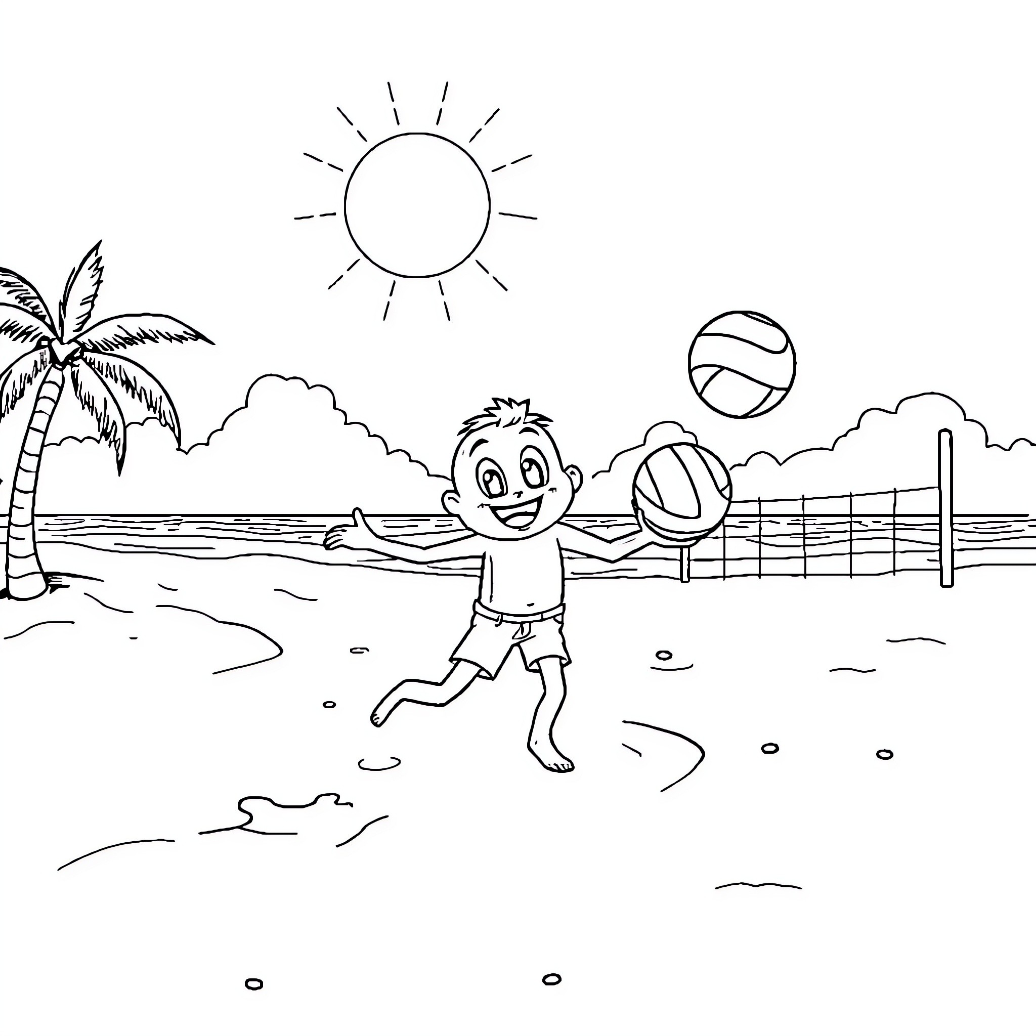 Bluey playing joyfully at the beach Coloring Page (free black-and-white line drawing printable PDF for all, from beginners to advanced learners, including children, teens, adults, and seniors)