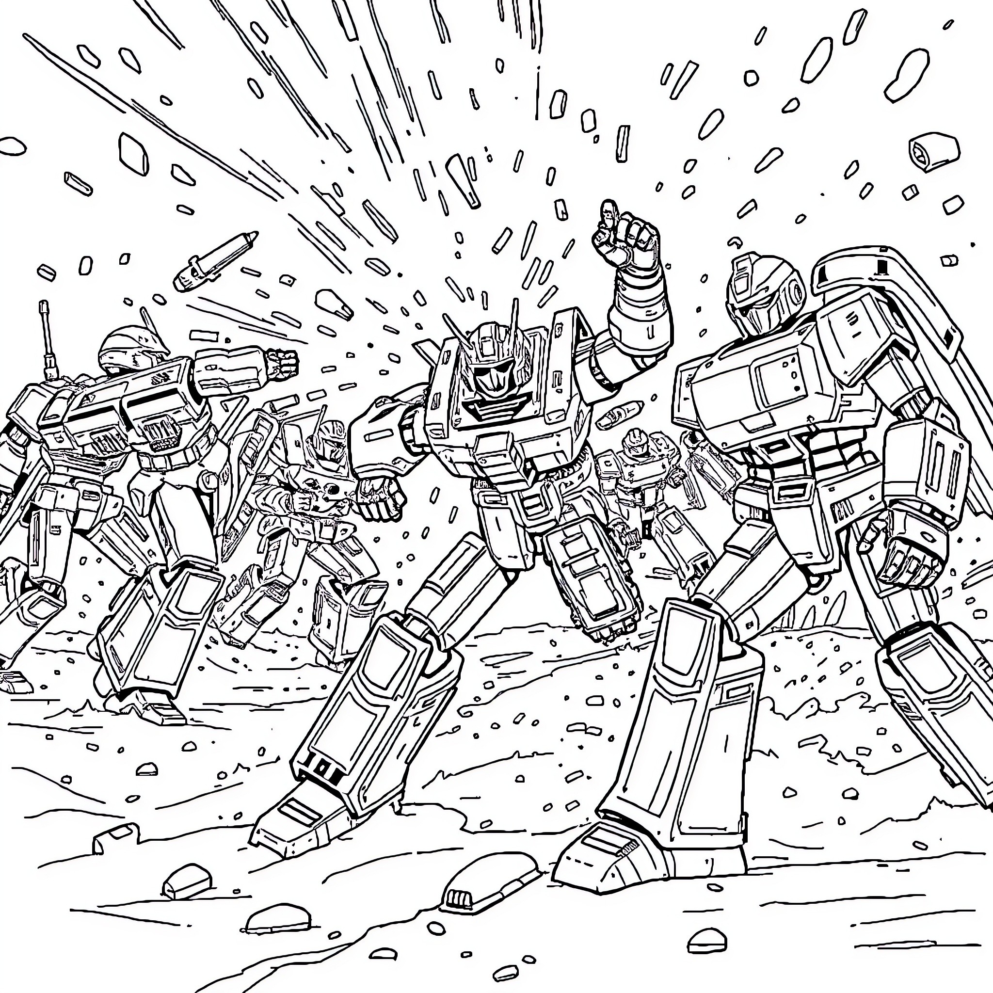 Robot Soldiers in Intense Battle Scene Coloring Page (free black-and-white line drawing printable PDF for all, from beginners to advanced learners, including children, teens, adults, and seniors)