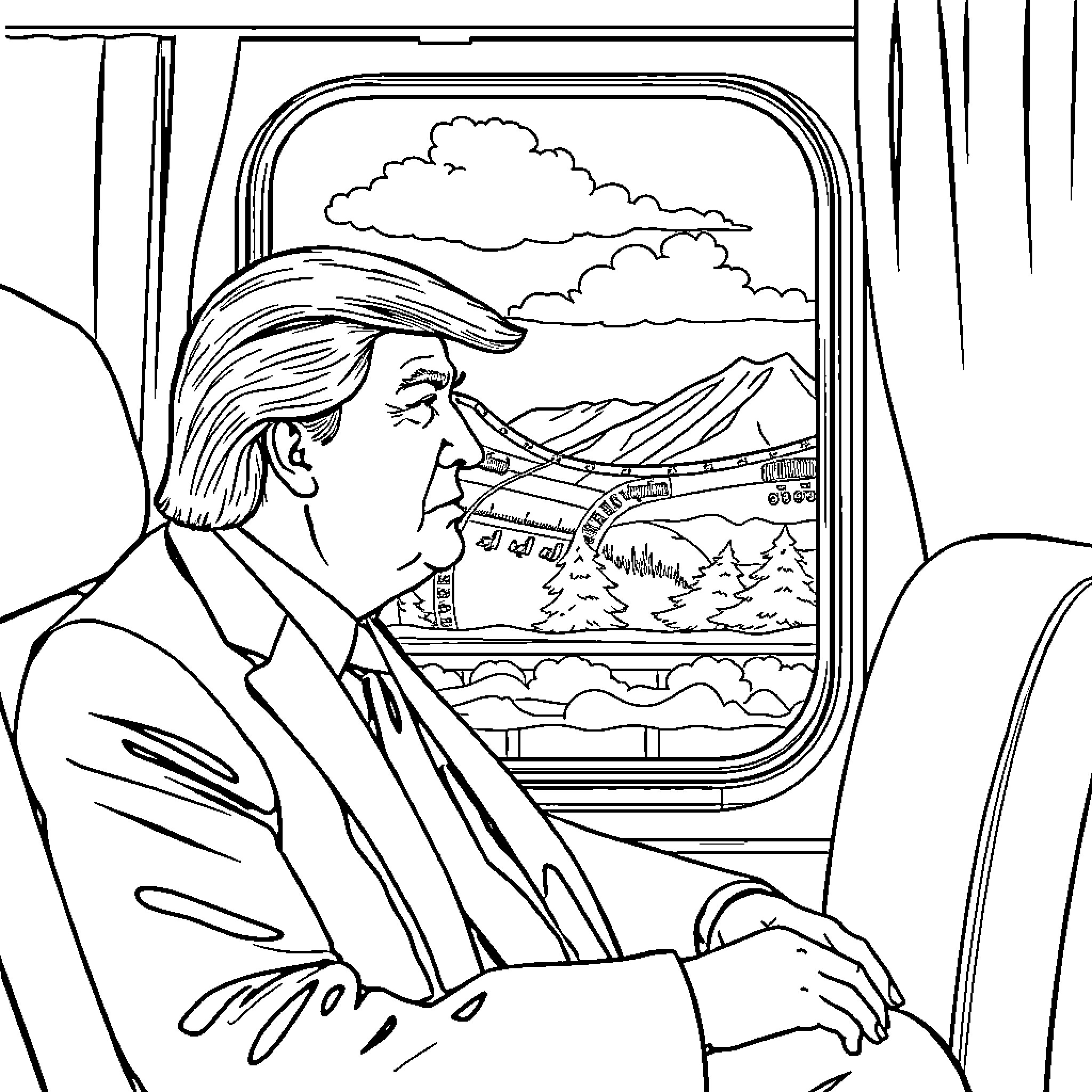 Donald Trump looking out the airplane window Coloring Page (free black-and-white line drawing printable PDF for all, from beginners to advanced learners, including children, teens, adults, and seniors)