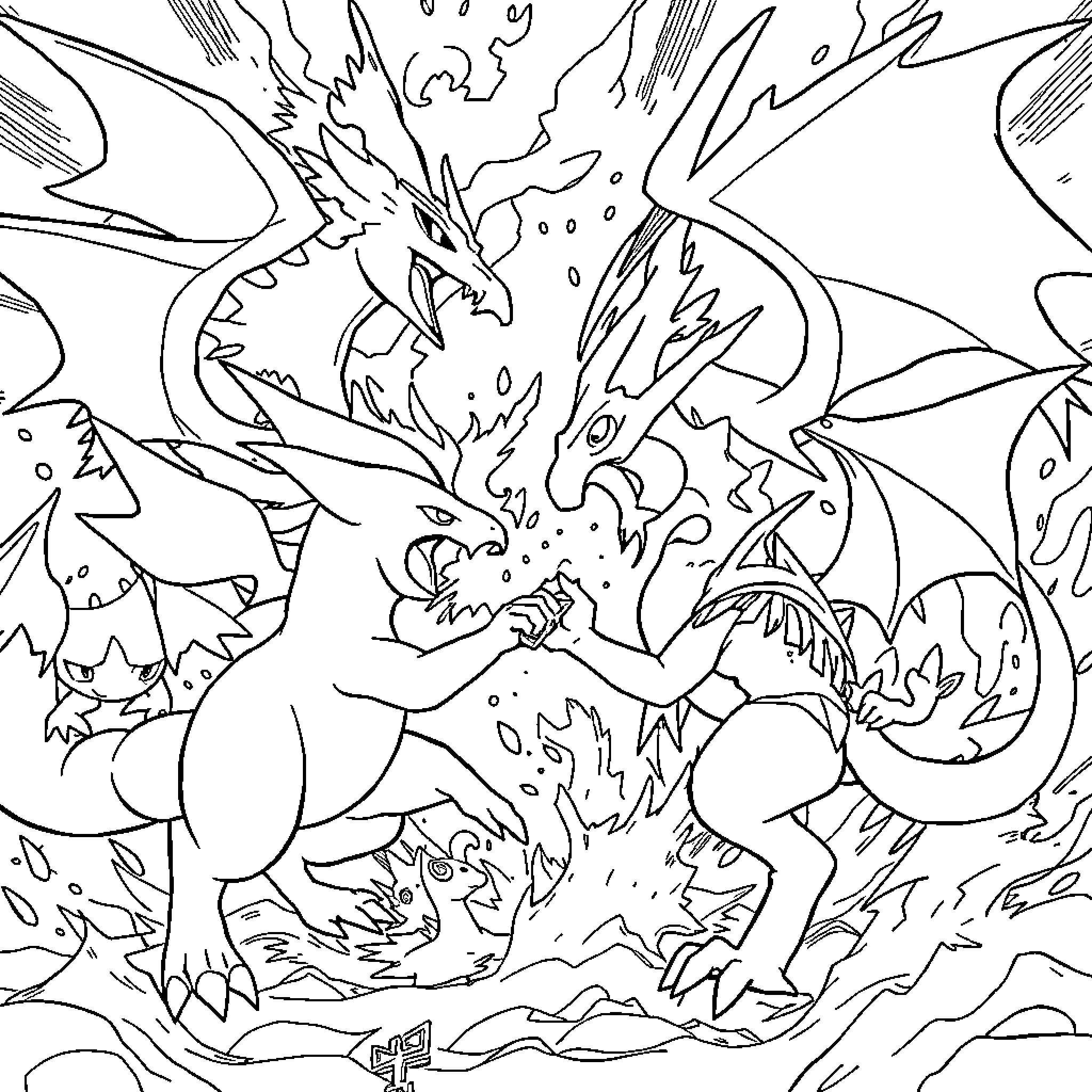 Legendary Pokemon fighting in an epic battle Coloring Page (free black-and-white line drawing printable PDF for all, from beginners to advanced learners, including children, teens, adults, and seniors)