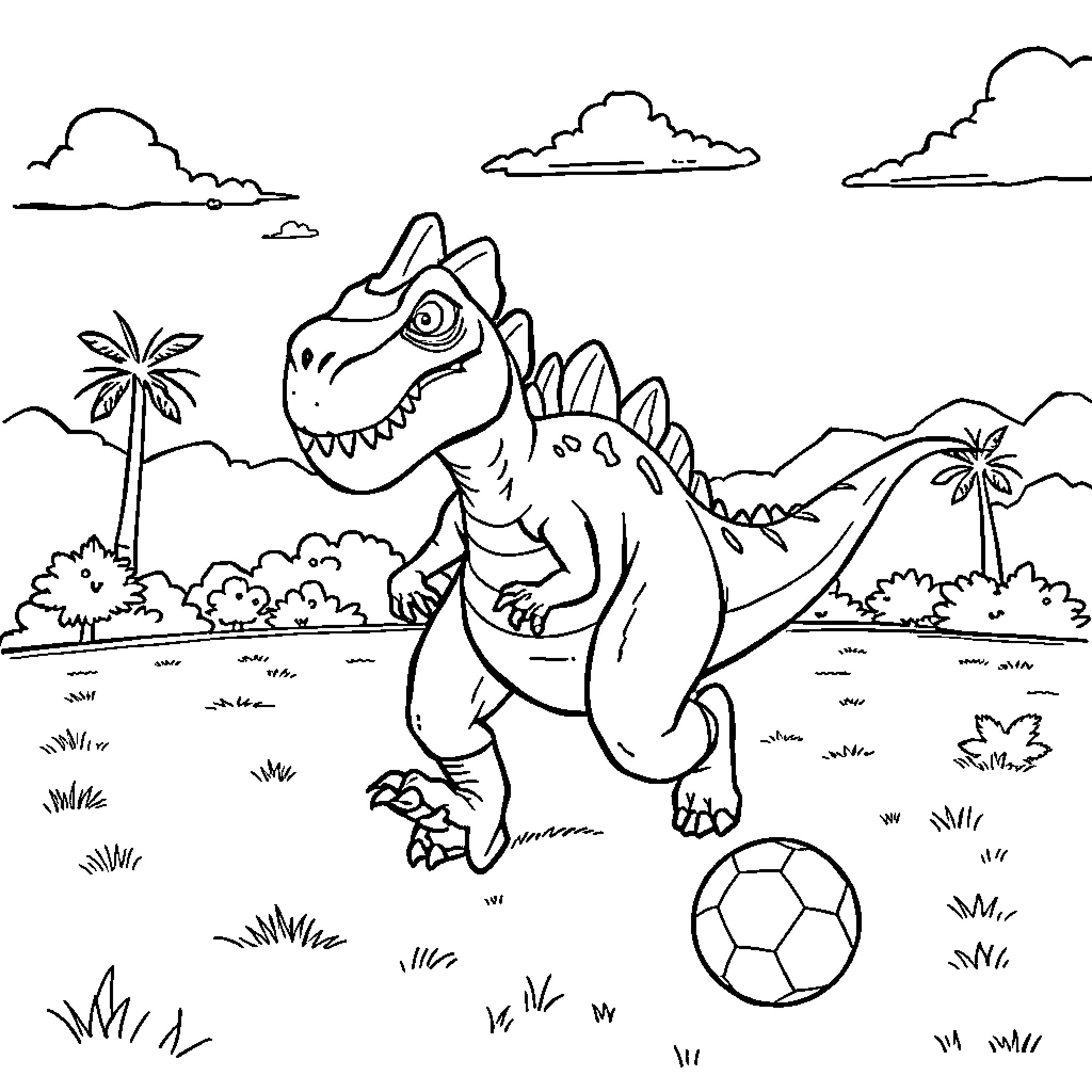 Dinosaur playing with soccer ball in jungle landscape Coloring Page (free black-and-white line drawing printable PDF for all, from beginners to advanced learners, including children, teens, adults, and seniors)