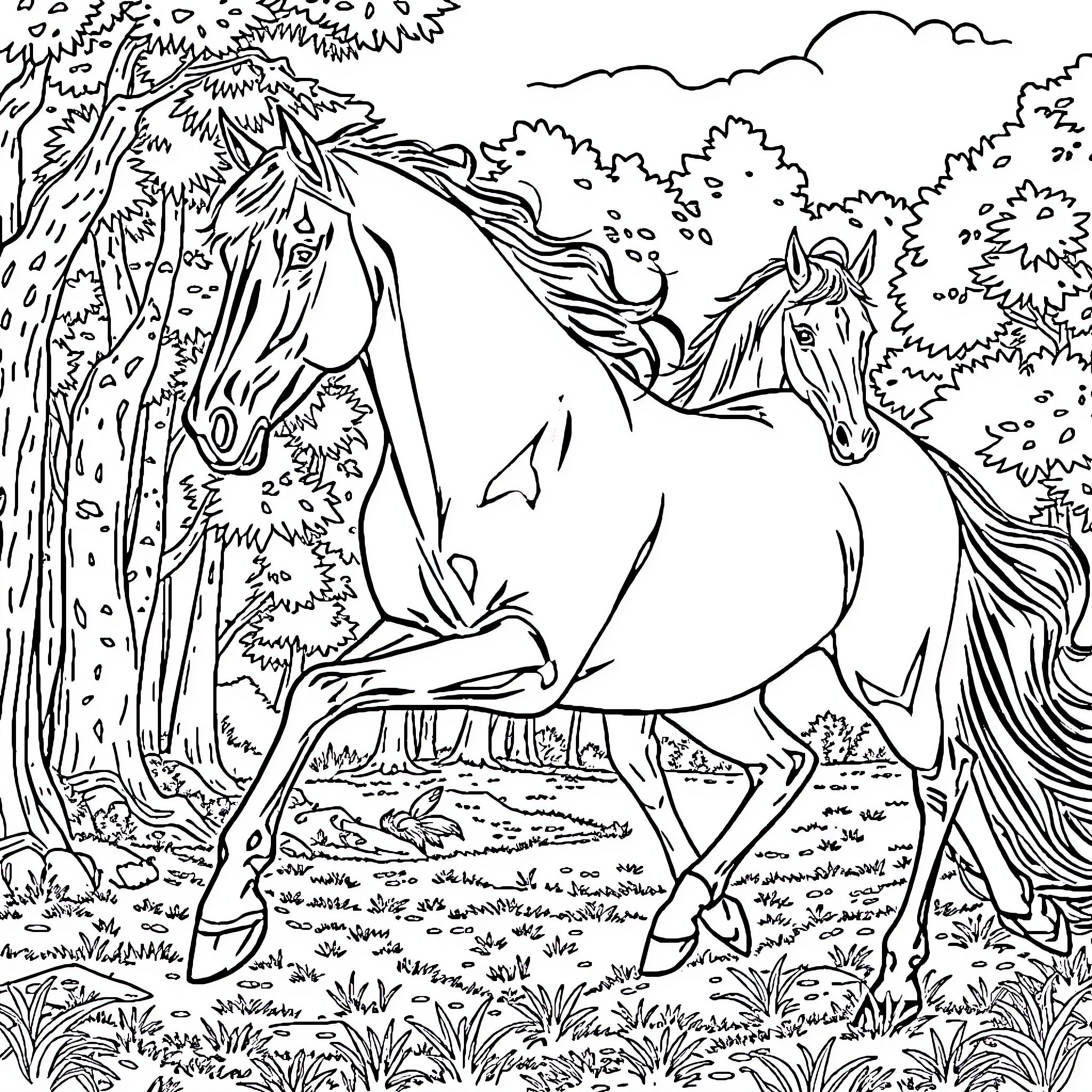 Horse in serene forest landscape Coloring Page (free black-and-white line drawing printable PDF for all, from beginners to advanced learners, including children, teens, adults, and seniors)