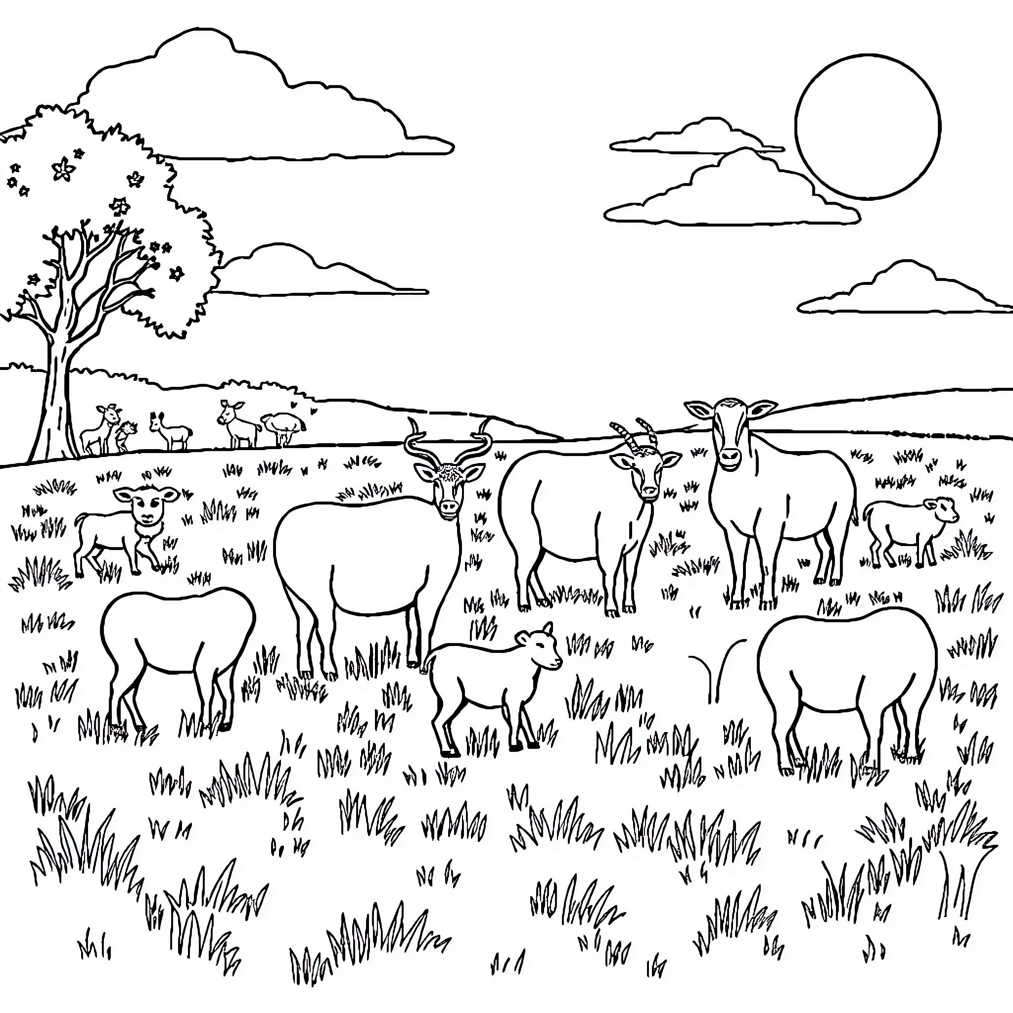 Animal herd grazing in the meadow Coloring Page (free black-and-white line drawing printable PDF for all, from beginners to advanced learners, including children, teens, adults, and seniors)