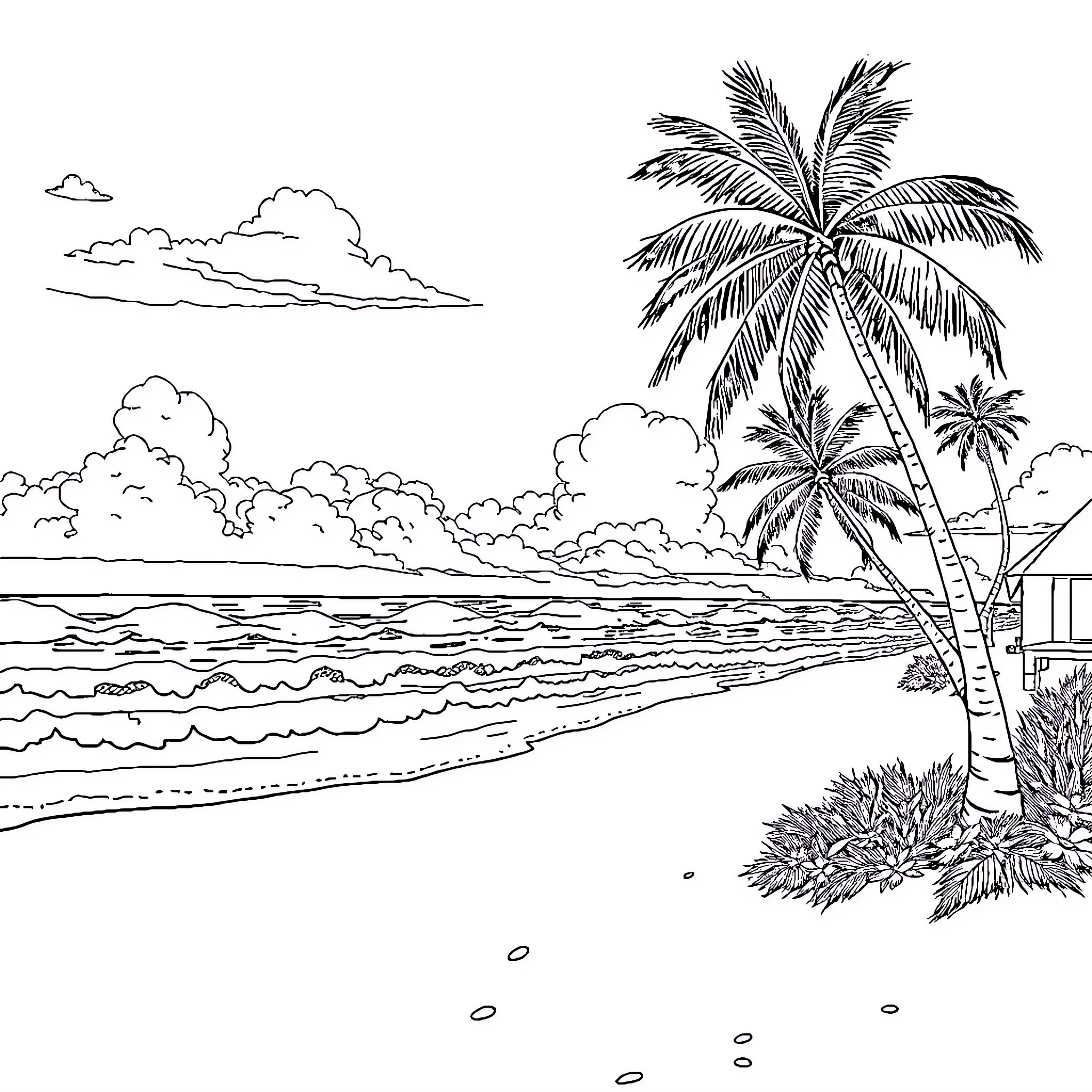 Beach scene with palm trees and cloudy sky Coloring Page (free black-and-white line drawing printable PDF for all, from beginners to advanced learners, including children, teens, adults, and seniors)