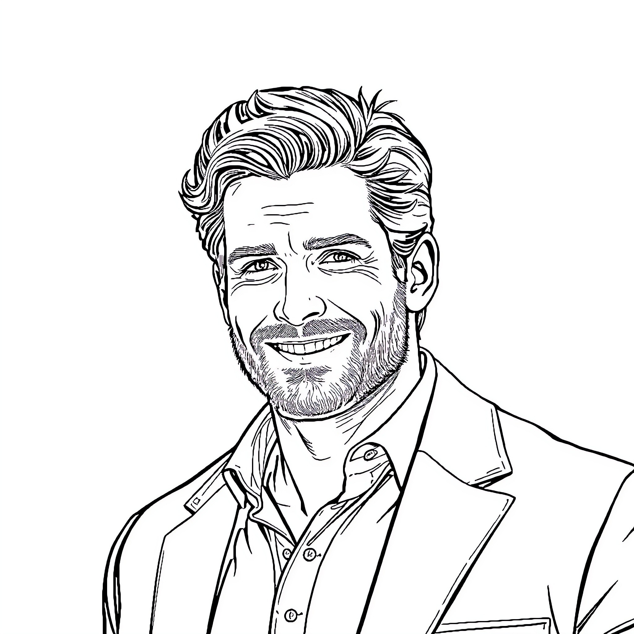 Henry Cavill smiling confidently in a formal outfit Coloring Page (free black-and-white line drawing printable PDF for all, from beginners to advanced learners, including children, teens, adults, and seniors)