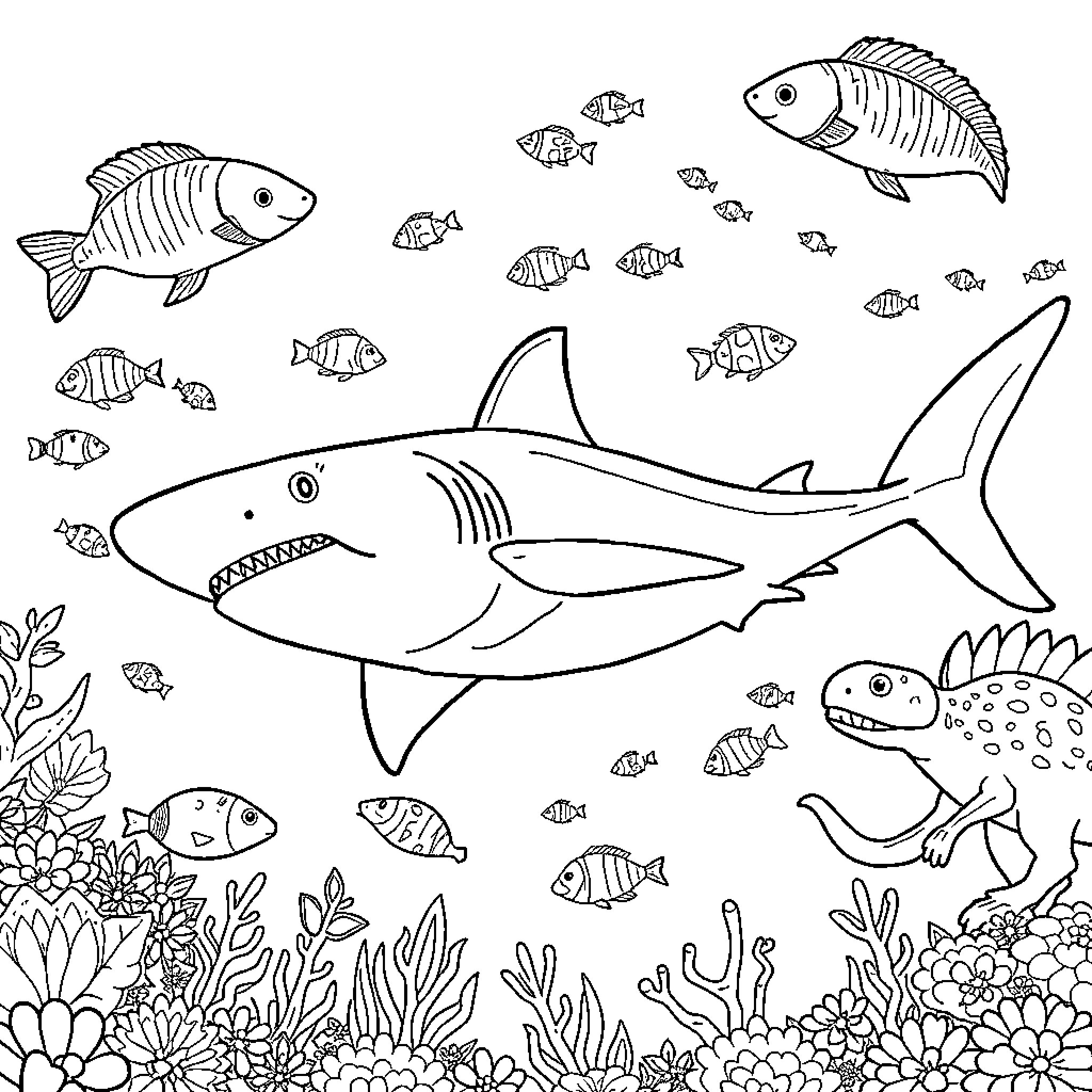 Shark swimming with various marine creatures Coloring Page (free black-and-white line drawing printable PDF for all, from beginners to advanced learners, including children, teens, adults, and seniors)