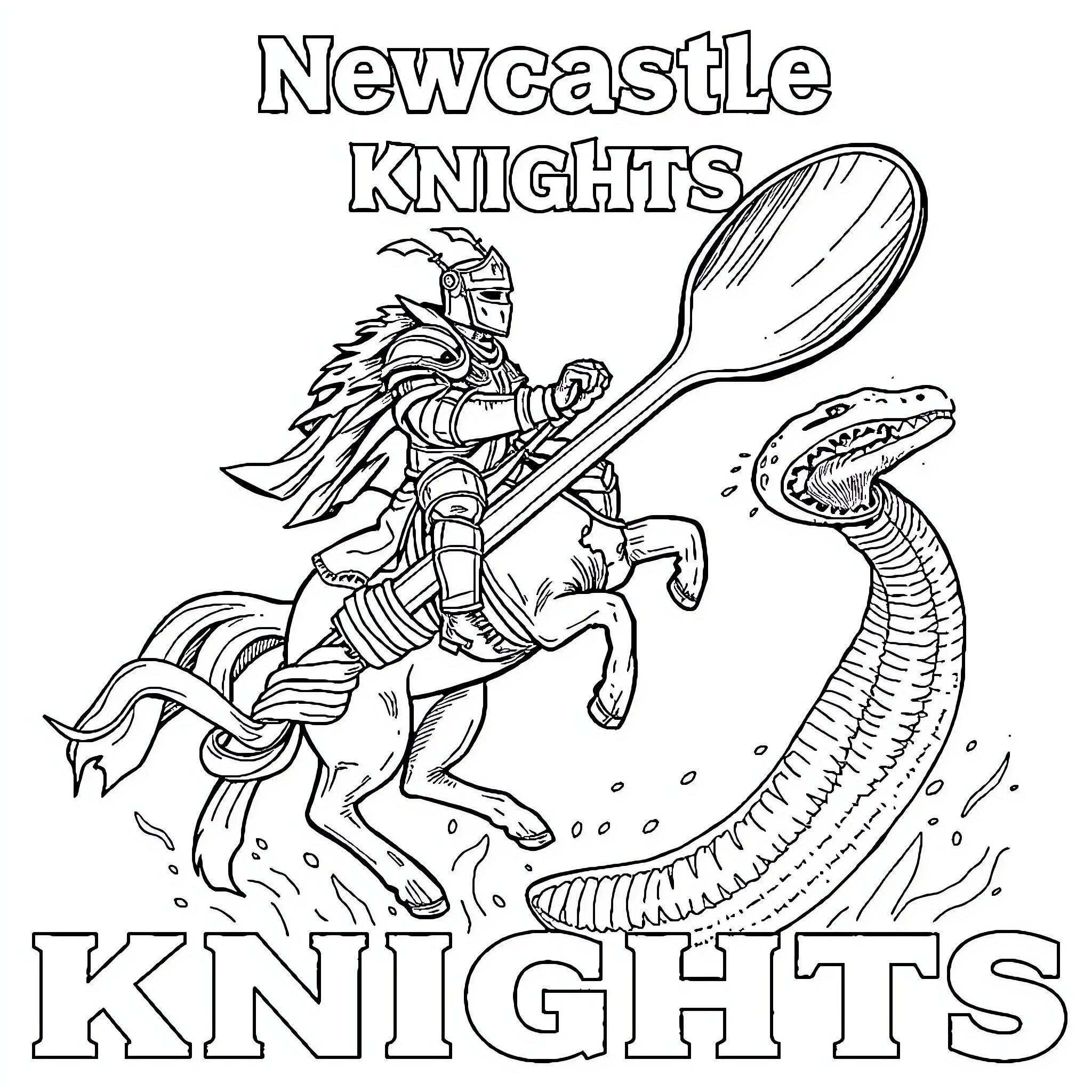 Knight fighting a dragon on horseback Coloring Page (free black-and-white line drawing printable PDF for all, from beginners to advanced learners, including children, teens, adults, and seniors)