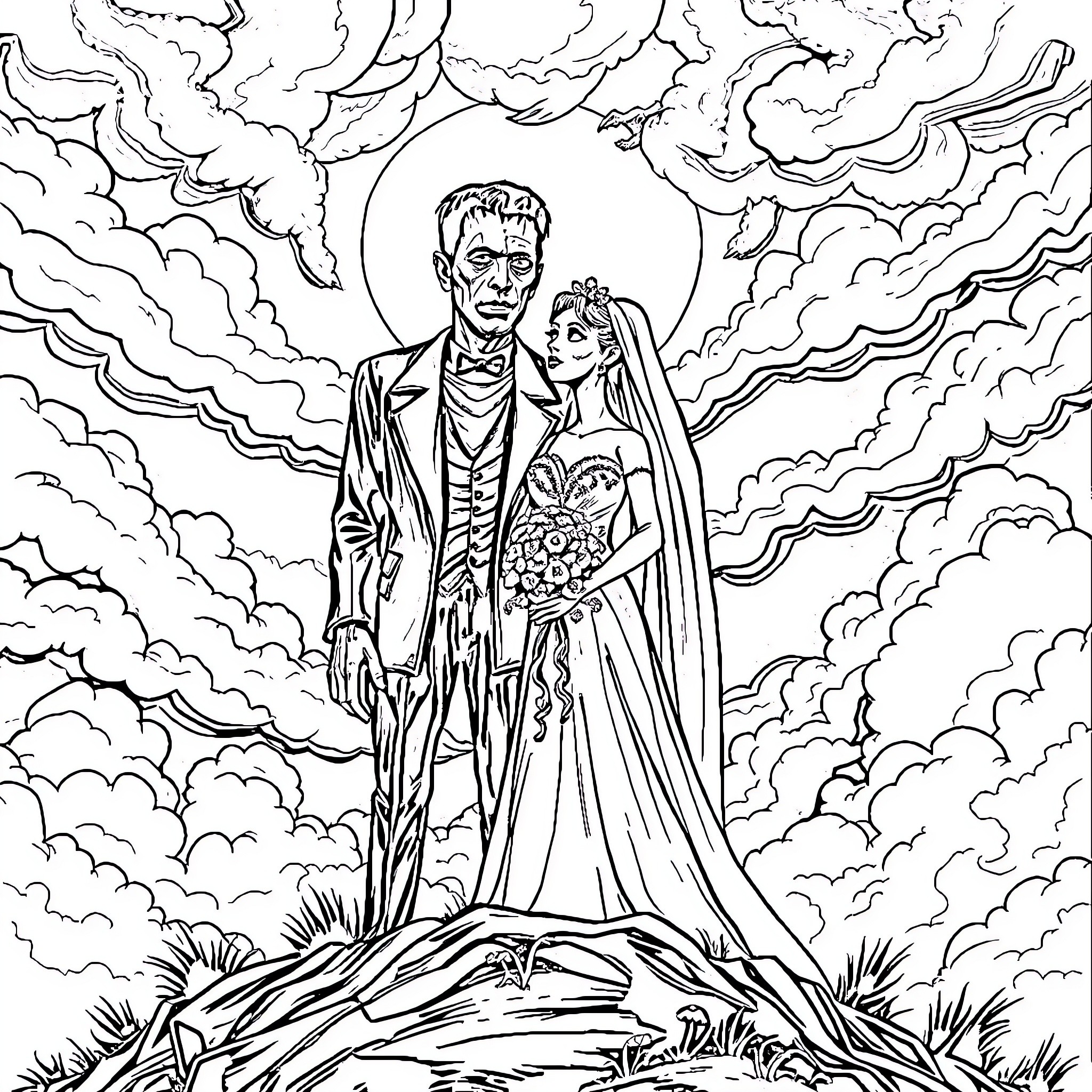Frankenstein's Bride: A Haunting Union in the Clouds Coloring Page (free black-and-white line drawing printable PDF for all, from beginners to advanced learners, including children, teens, adults, and seniors)