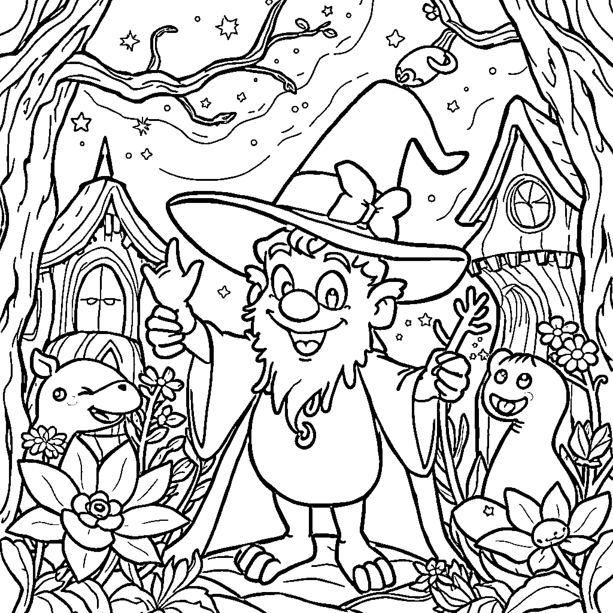 Jack's Whimsical Forest Adventure Coloring Page (free black-and-white line drawing printable PDF for all, from beginners to advanced learners, including children, teens, adults, and seniors)