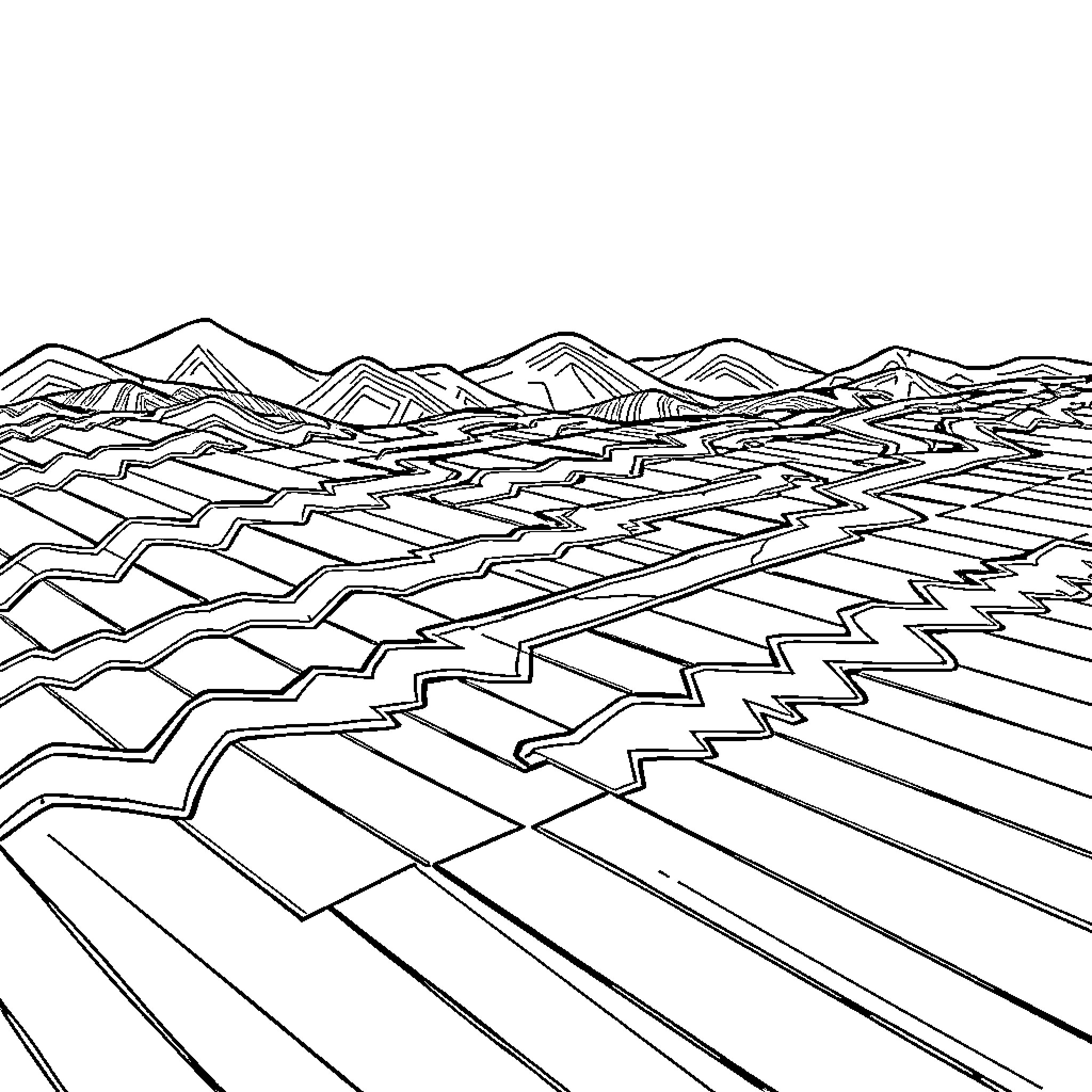 Zigzag Landscape of Geometric Shapes and Patterns Coloring Page (free black-and-white line drawing printable PDF for all, from beginners to advanced learners, including children, teens, adults, and seniors)