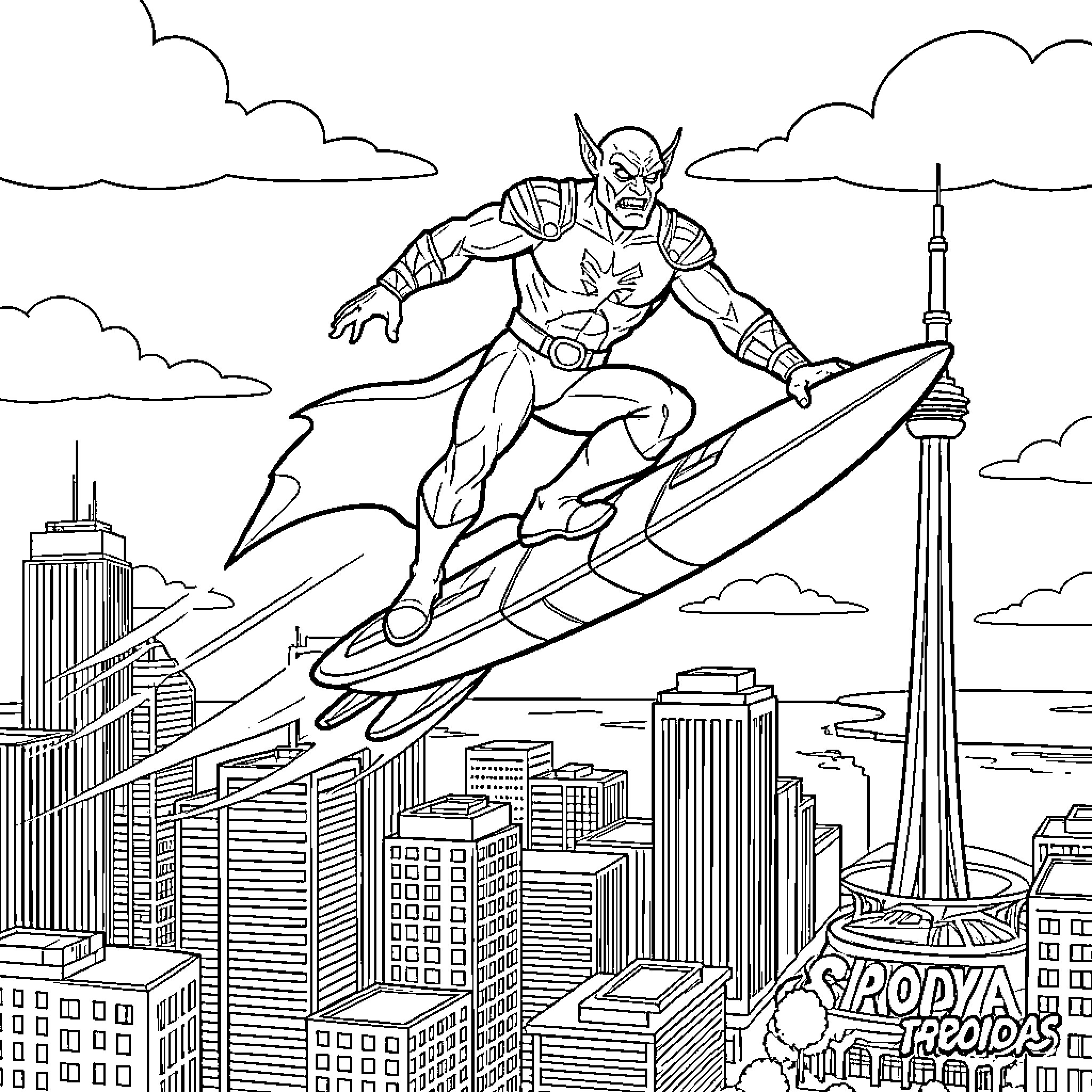 Goblin Superhero Soaring Over City Skyline Coloring Page (free black-and-white line drawing printable PDF for all, from beginners to advanced learners, including children, teens, adults, and seniors)