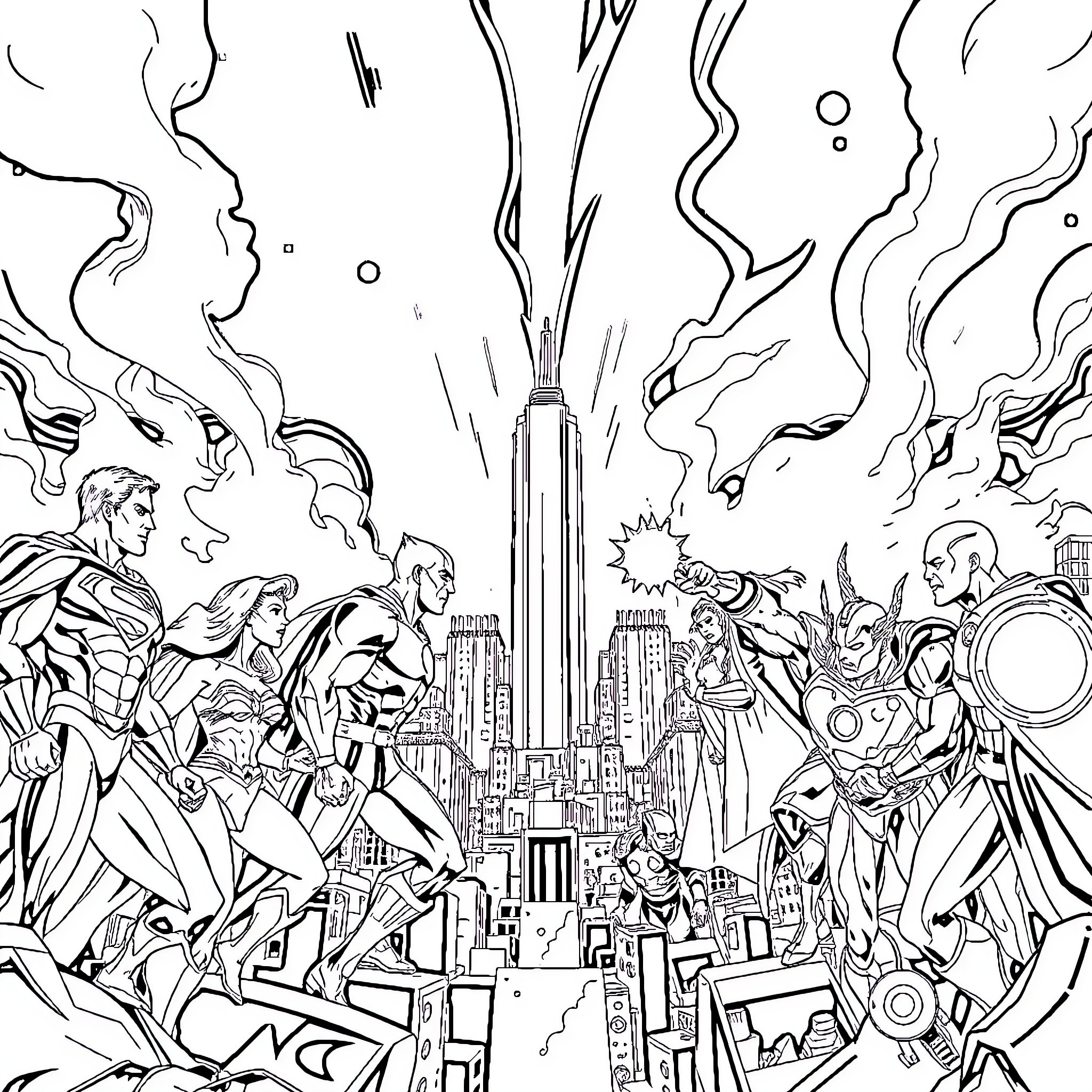 Superhero Epic Battle in the City Coloring Page (free black-and-white line drawing printable PDF for all, from beginners to advanced learners, including children, teens, adults, and seniors)