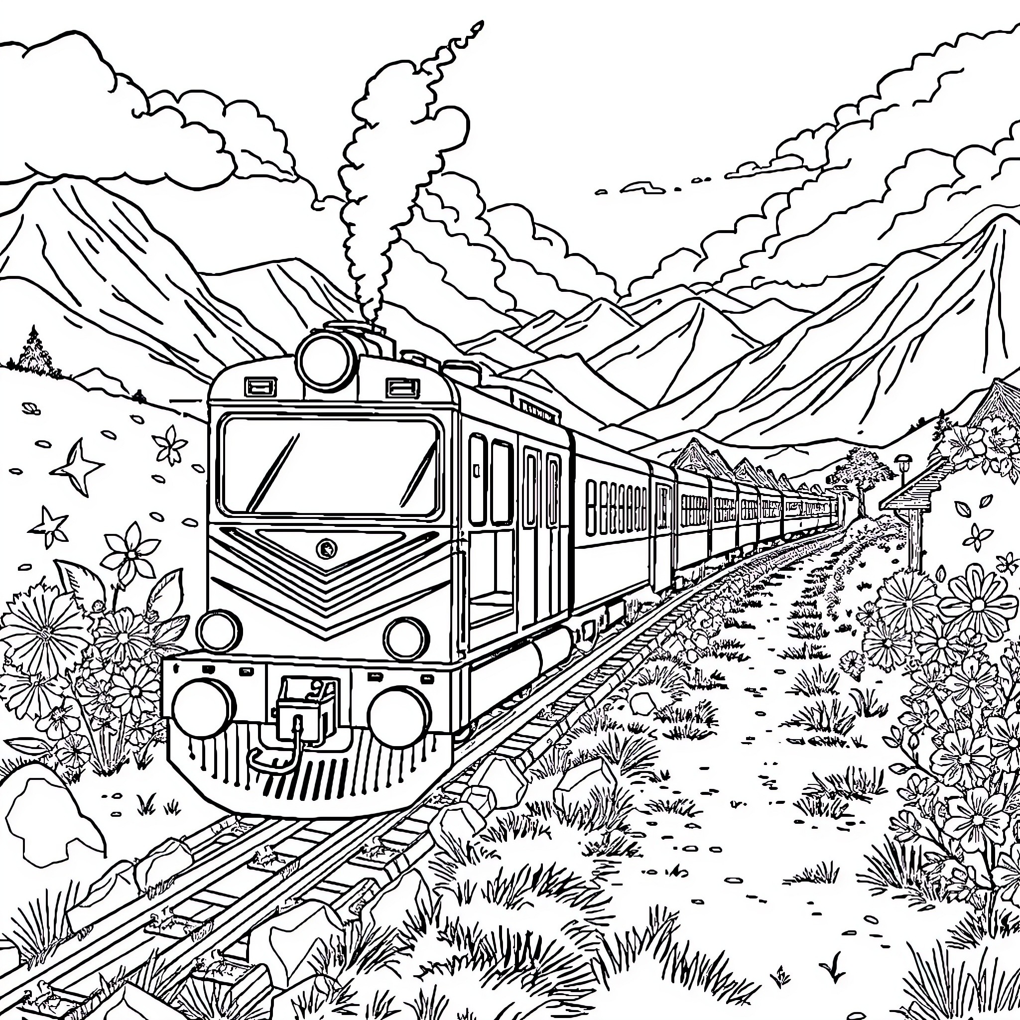Train traveling through scenic mountain landscape Coloring Page (free black-and-white line drawing printable PDF for all, from beginners to advanced learners, including children, teens, adults, and seniors)