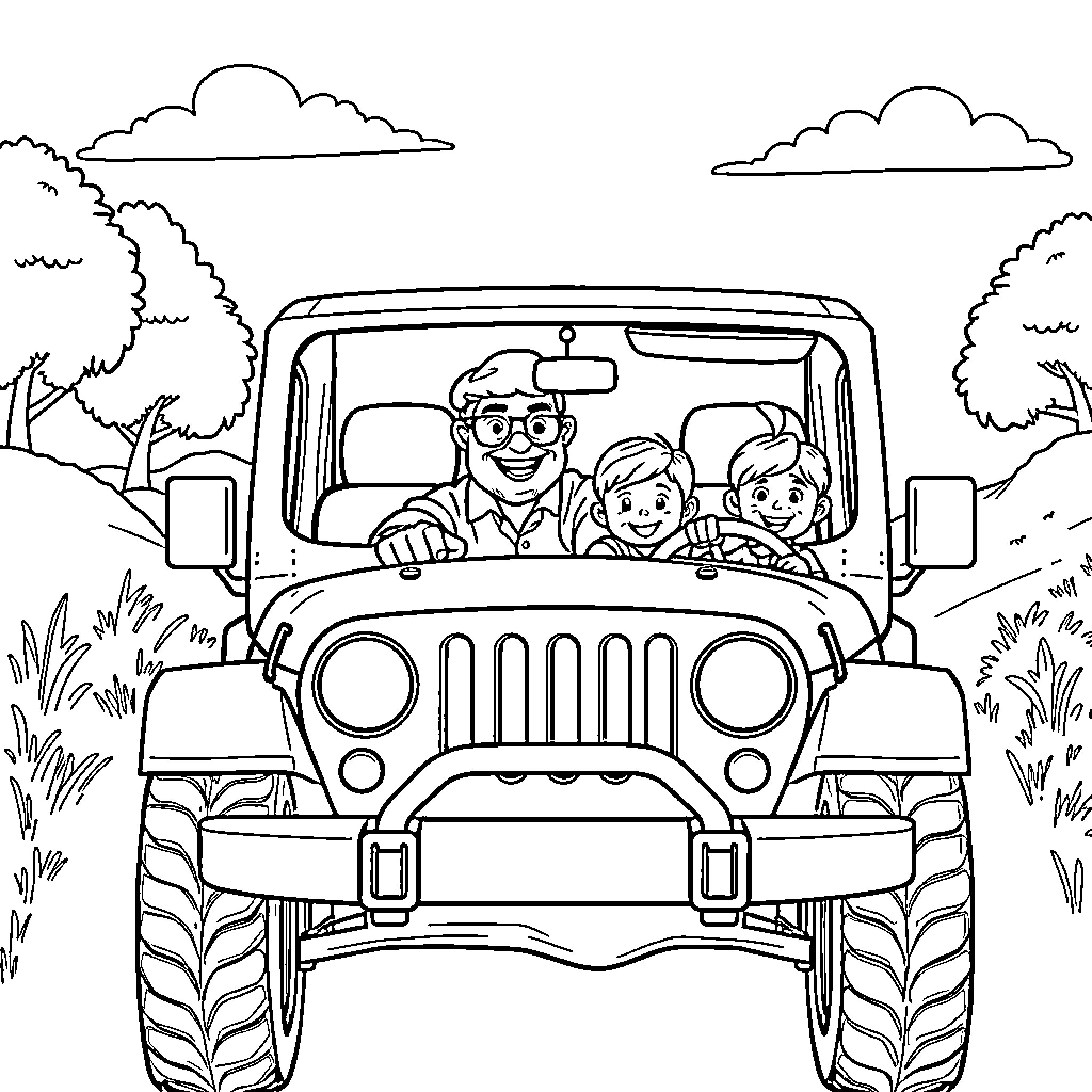 Papaw takes grandkids on an adventure in the jeep Coloring Page (free black-and-white line drawing printable PDF for all, from beginners to advanced learners, including children, teens, adults, and seniors)
