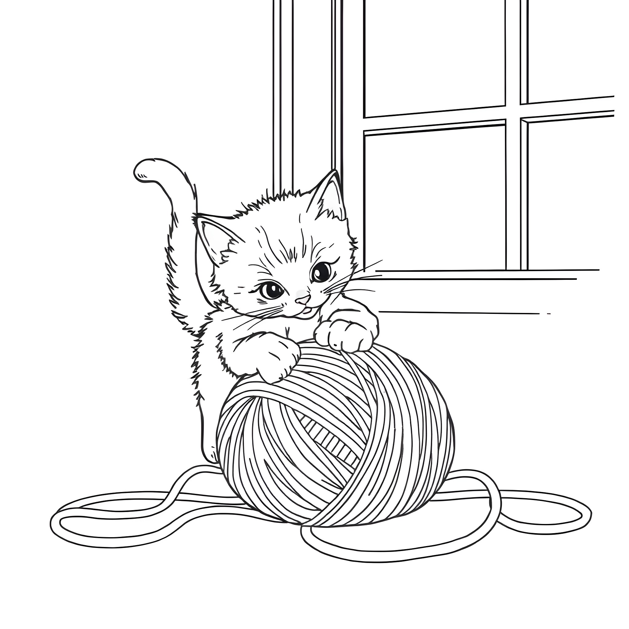 Kitten playing with yarn near window Coloring Page (free black-and-white line drawing printable PDF for all, from beginners to advanced learners, including children, teens, adults, and seniors)