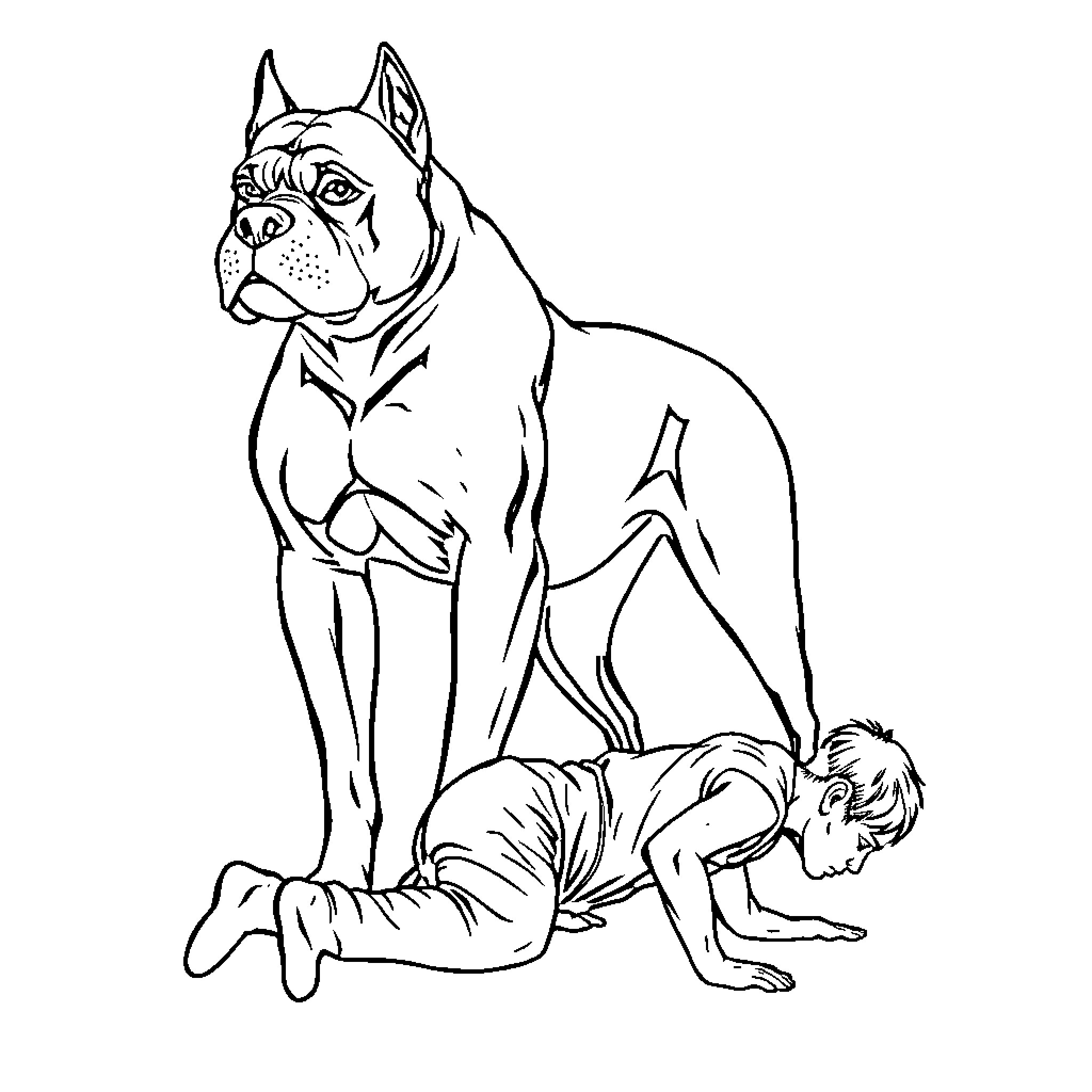 Dog protecting human in distress Coloring Page (free black-and-white line drawing printable PDF for all, from beginners to advanced learners, including children, teens, adults, and seniors)