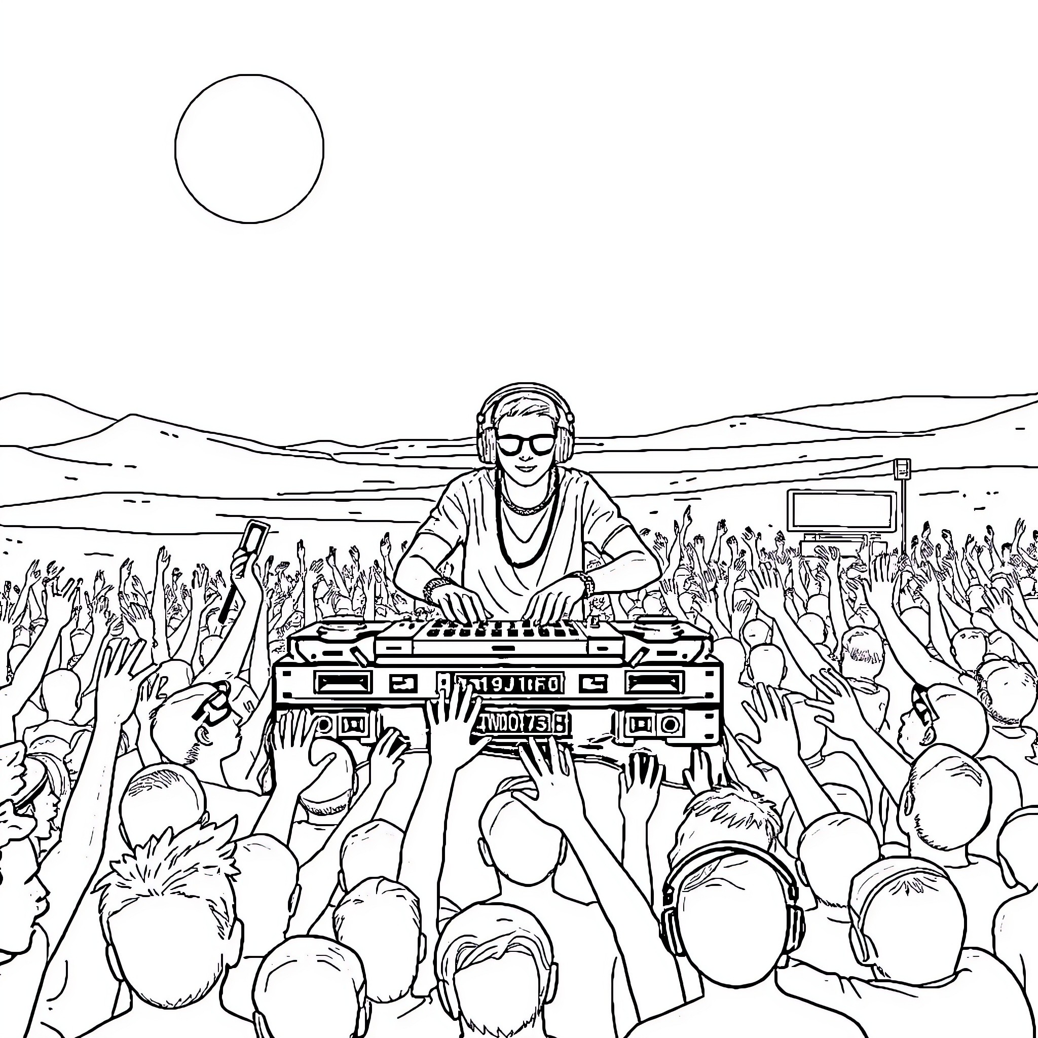 DJ Performing on Stage with Cheering Crowd Coloring Page (free black-and-white line drawing printable PDF for all, from beginners to advanced learners, including children, teens, adults, and seniors)