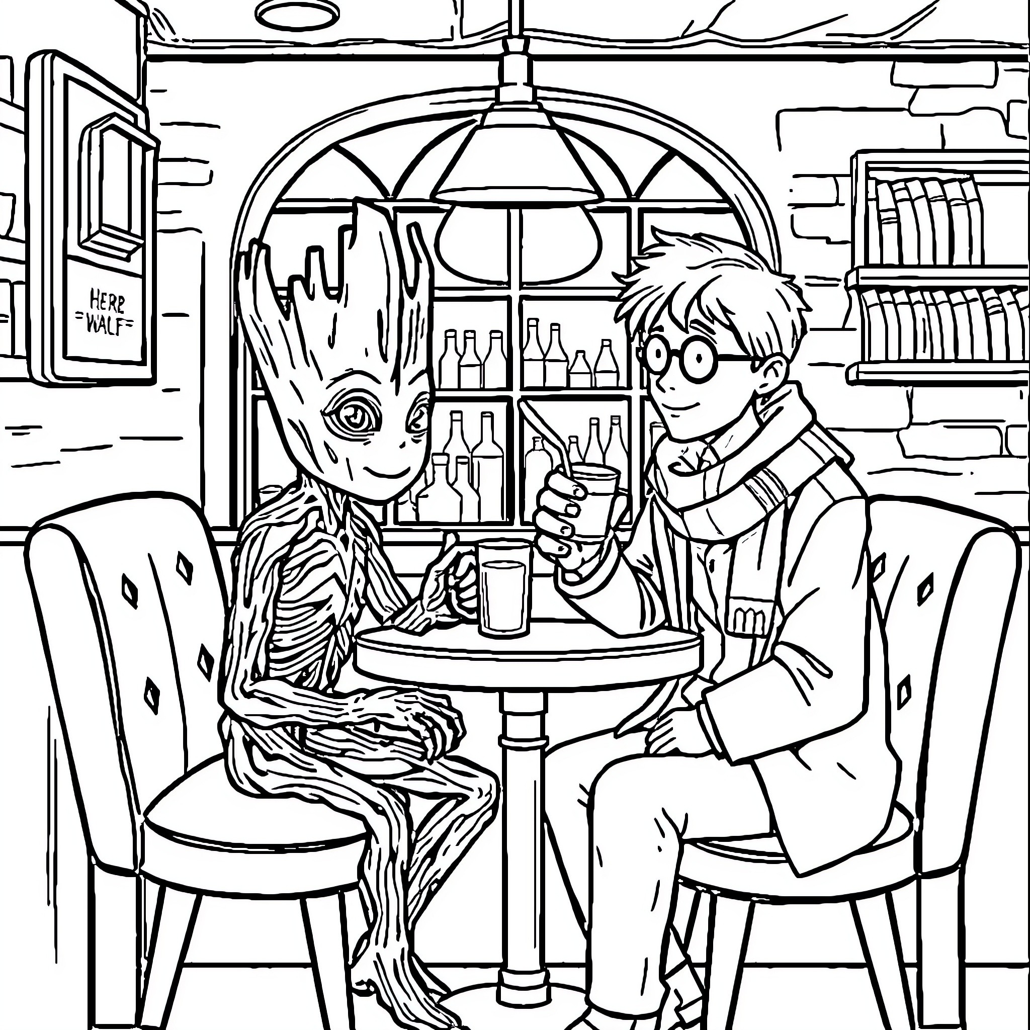 Groot and friend enjoying drinks in cafe Coloring Page (free black-and-white line drawing printable PDF for all, from beginners to advanced learners, including children, teens, adults, and seniors)
