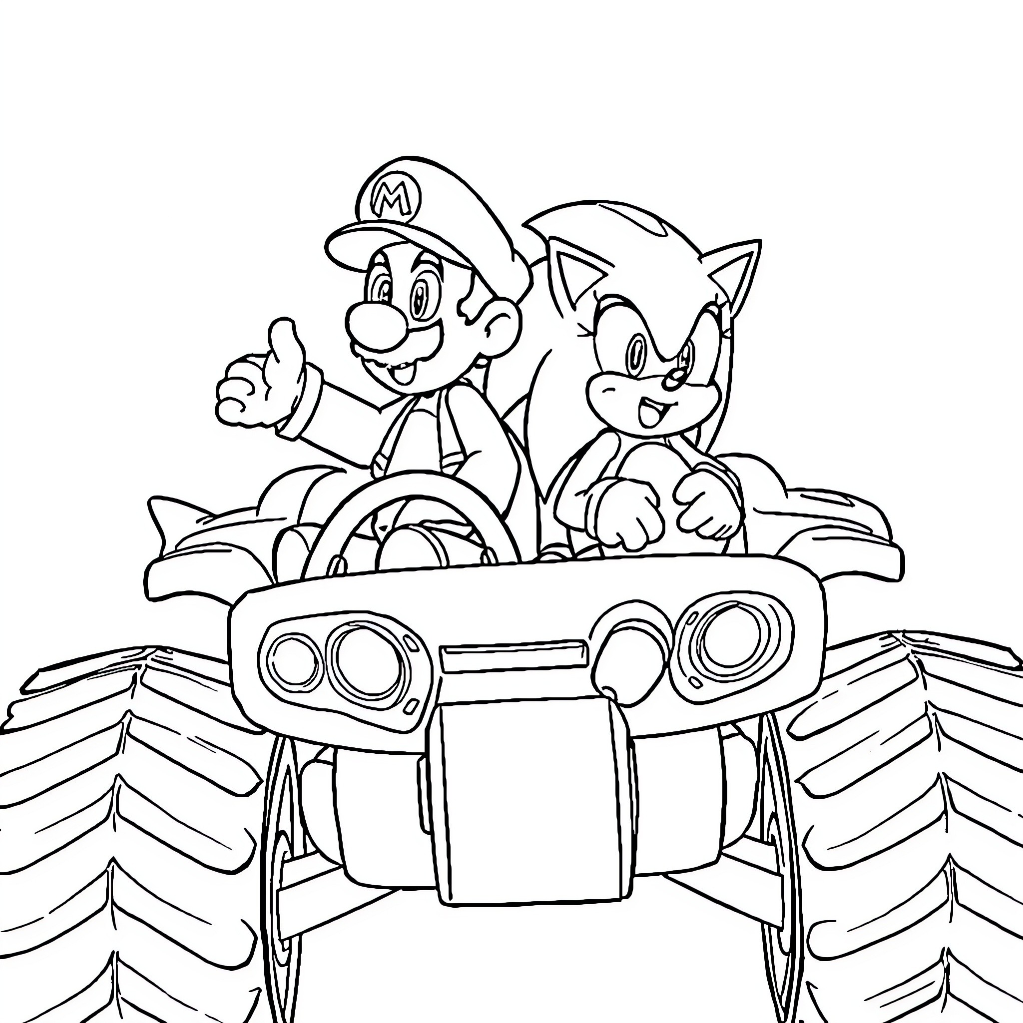 Sonic and companion riding a monster truck Coloring Page (free black-and-white line drawing printable PDF for all, from beginners to advanced learners, including children, teens, adults, and seniors)