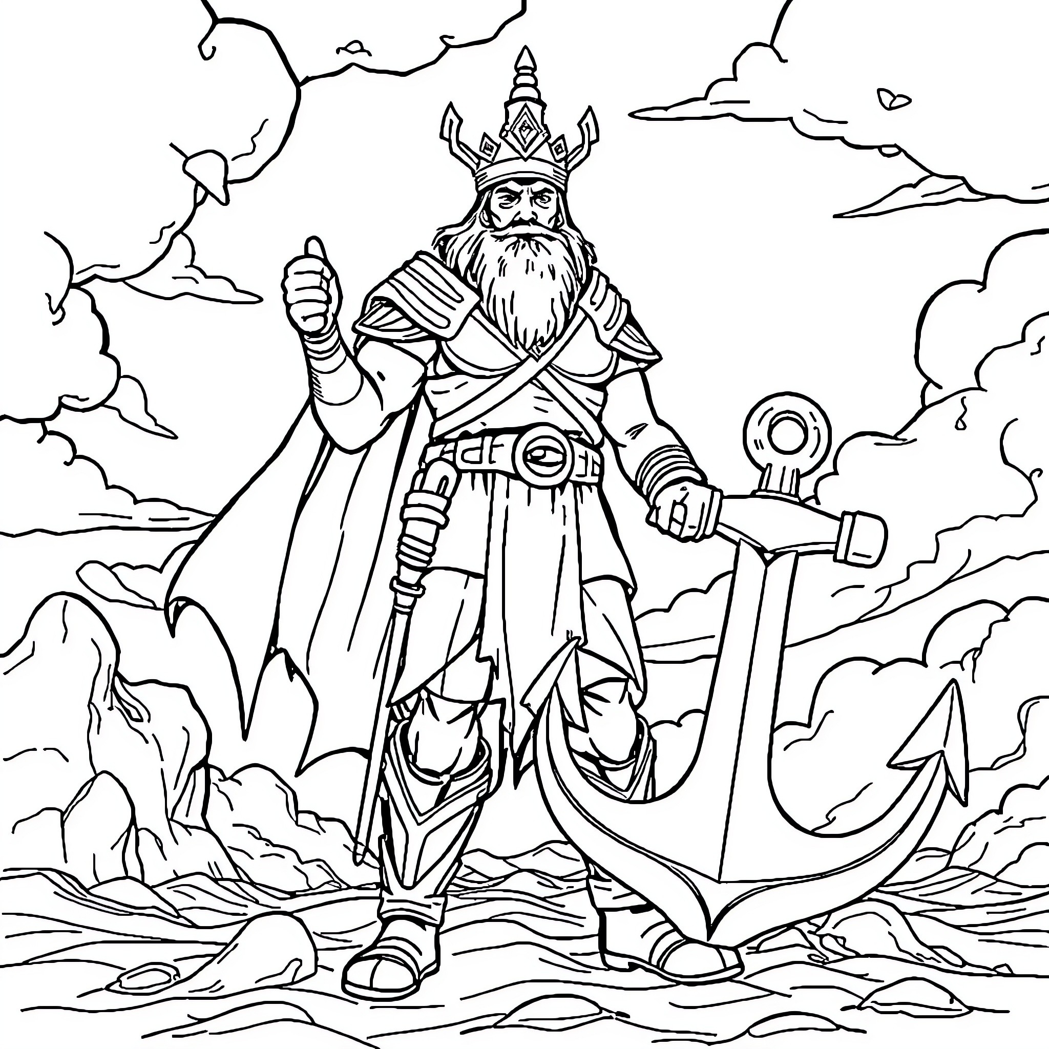 Protector of the Seas: The Mighty Maritime Ruler Coloring Page (free black-and-white line drawing printable PDF for all, from beginners to advanced learners, including children, teens, adults, and seniors)