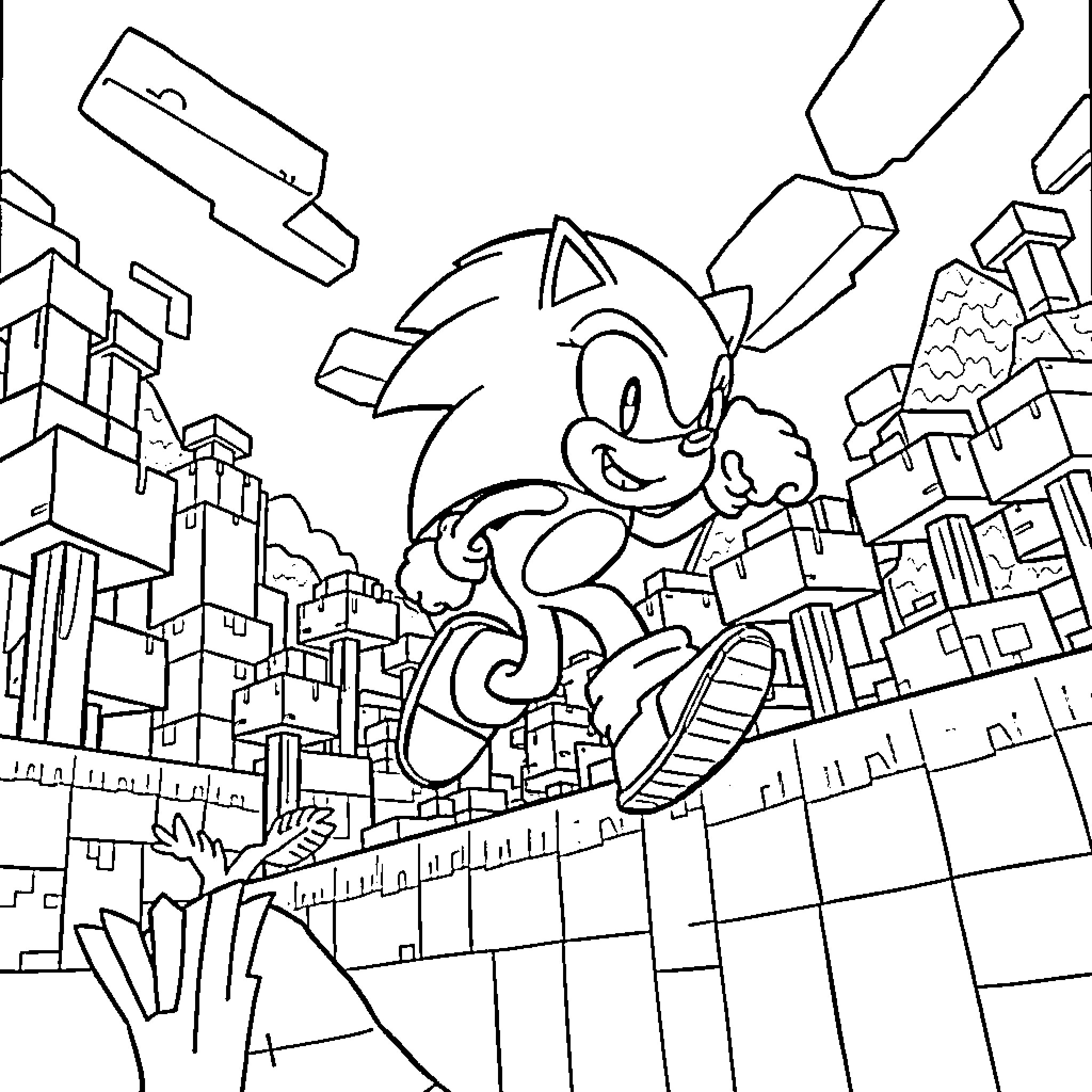 Sonic's Energetic City Adventure Coloring Page (free black-and-white line drawing printable PDF for all, from beginners to advanced learners, including children, teens, adults, and seniors)