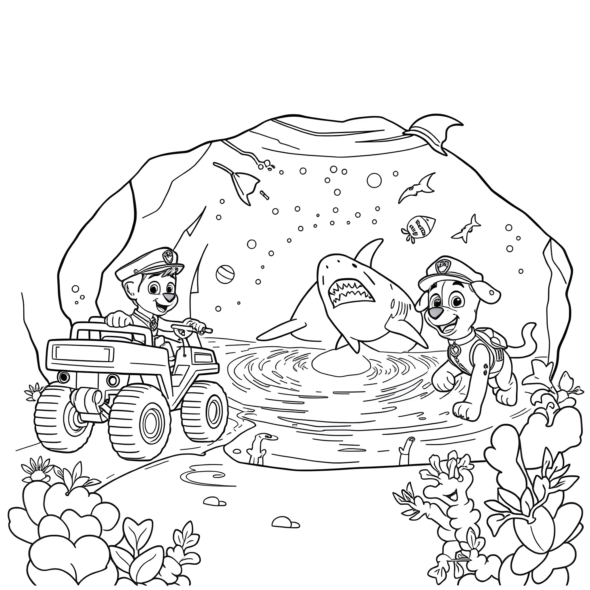 Paw Patrol in an underwater adventure Coloring Page (free black-and-white line drawing printable PDF for all, from beginners to advanced learners, including children, teens, adults, and seniors)