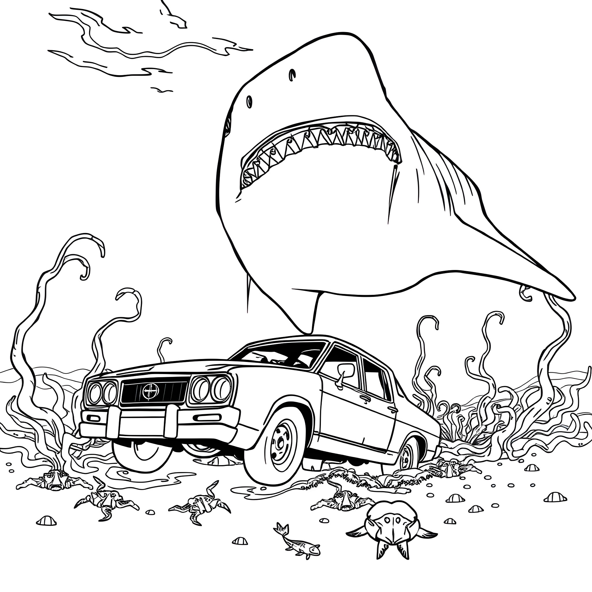 Shark hunting a vintage car in the ocean Coloring Page (free black-and-white line drawing printable PDF for all, from beginners to advanced learners, including children, teens, adults, and seniors)