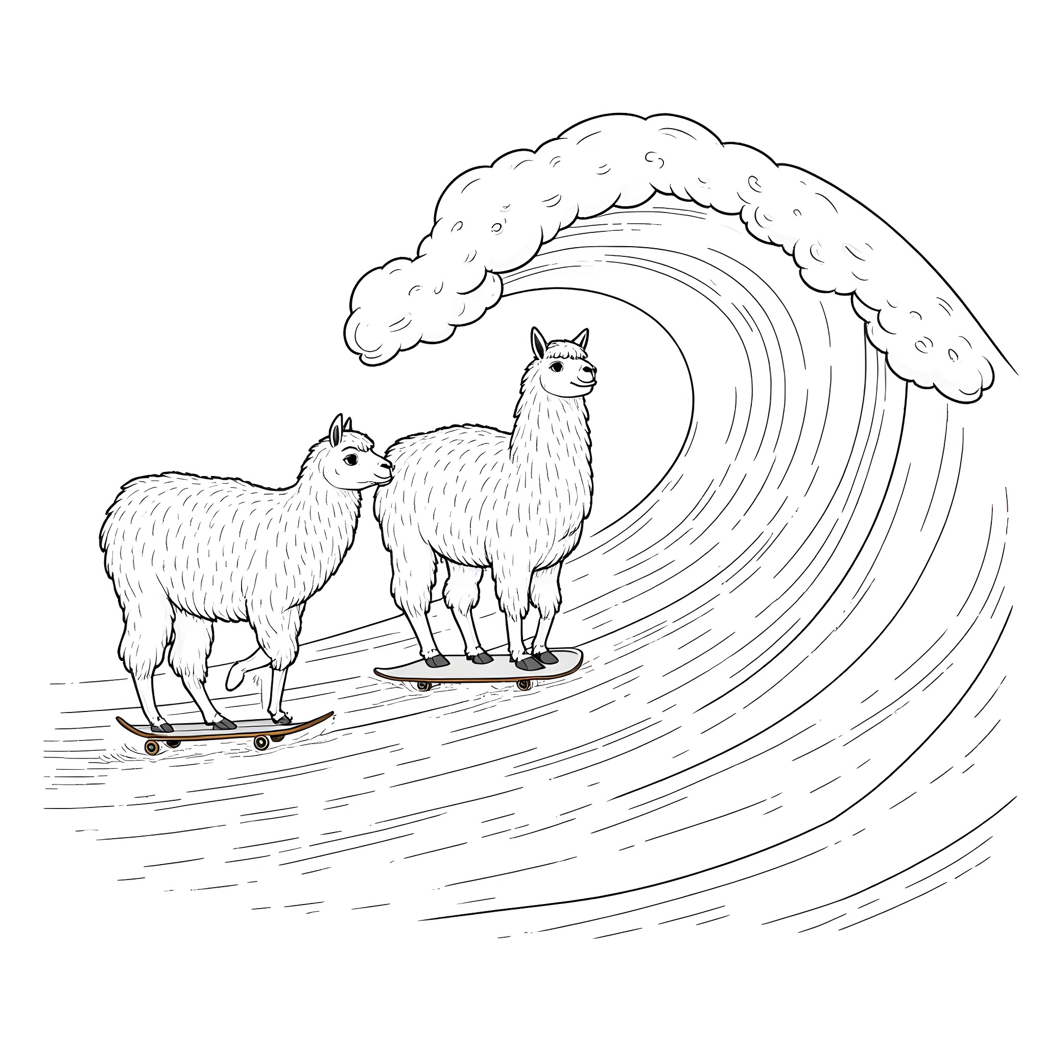 Alpacas surfing on a giant wave Coloring Page (free black-and-white line drawing printable PDF for all, from beginners to advanced learners, including children, teens, adults, and seniors)