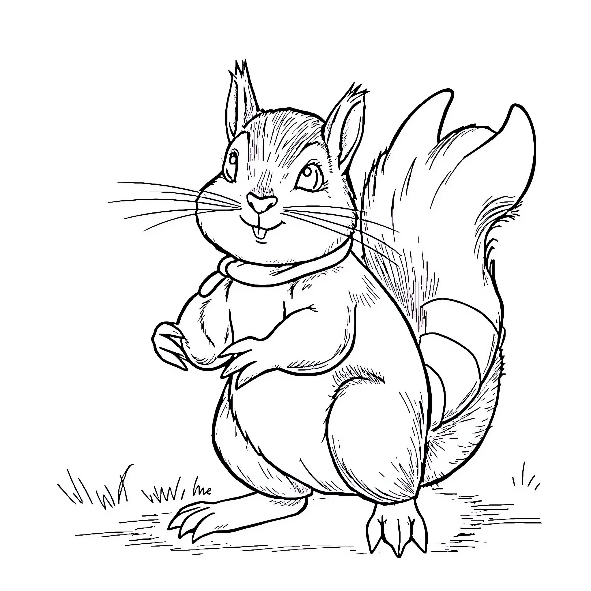Squirrel sitting contentedly in the grass Coloring Page (free black-and-white line drawing printable PDF for all, from beginners to advanced learners, including children, teens, adults, and seniors)
