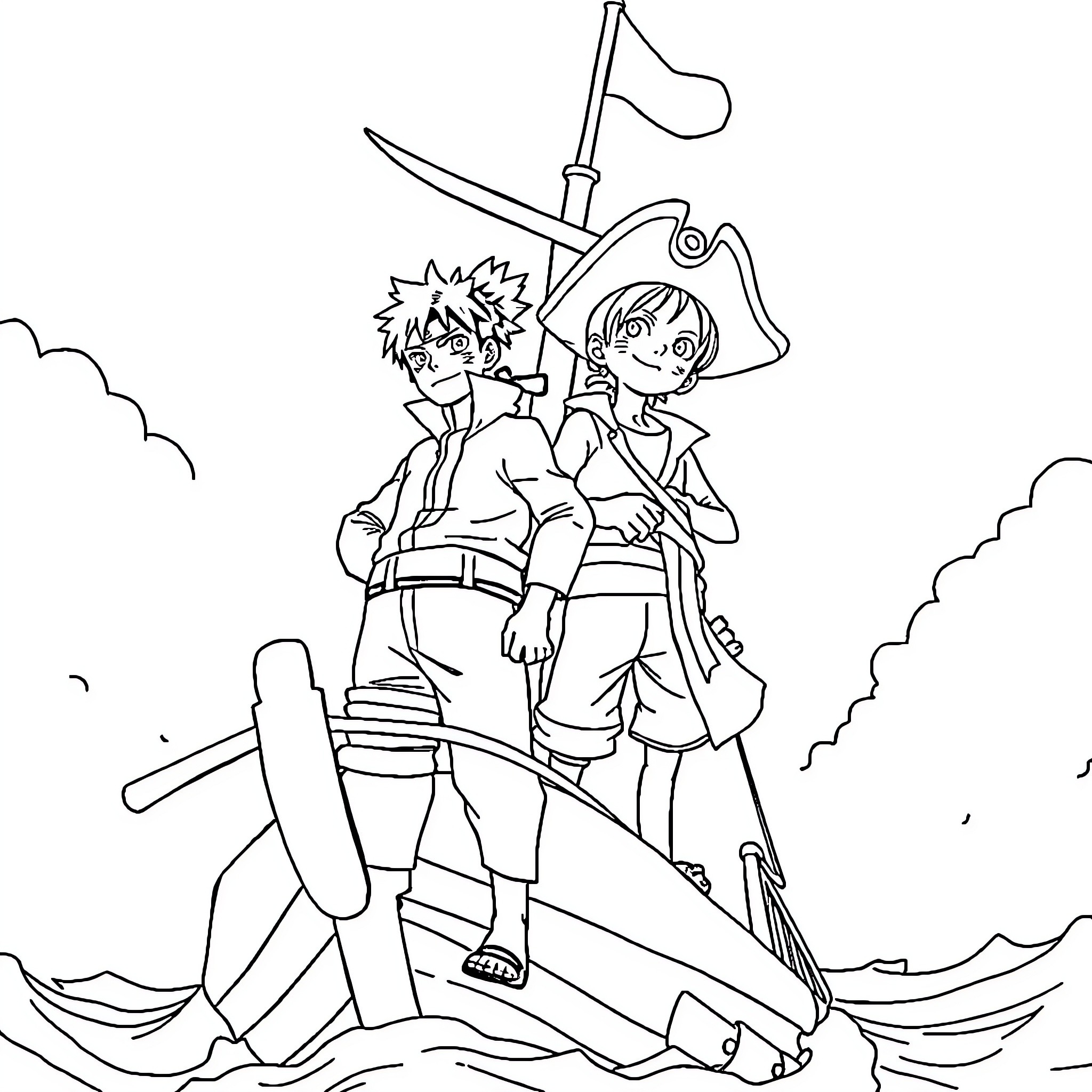 Naruto and Friend Set Sail on Pirate Ship Coloring Page (free black-and-white line drawing printable PDF for all, from beginners to advanced learners, including children, teens, adults, and seniors)