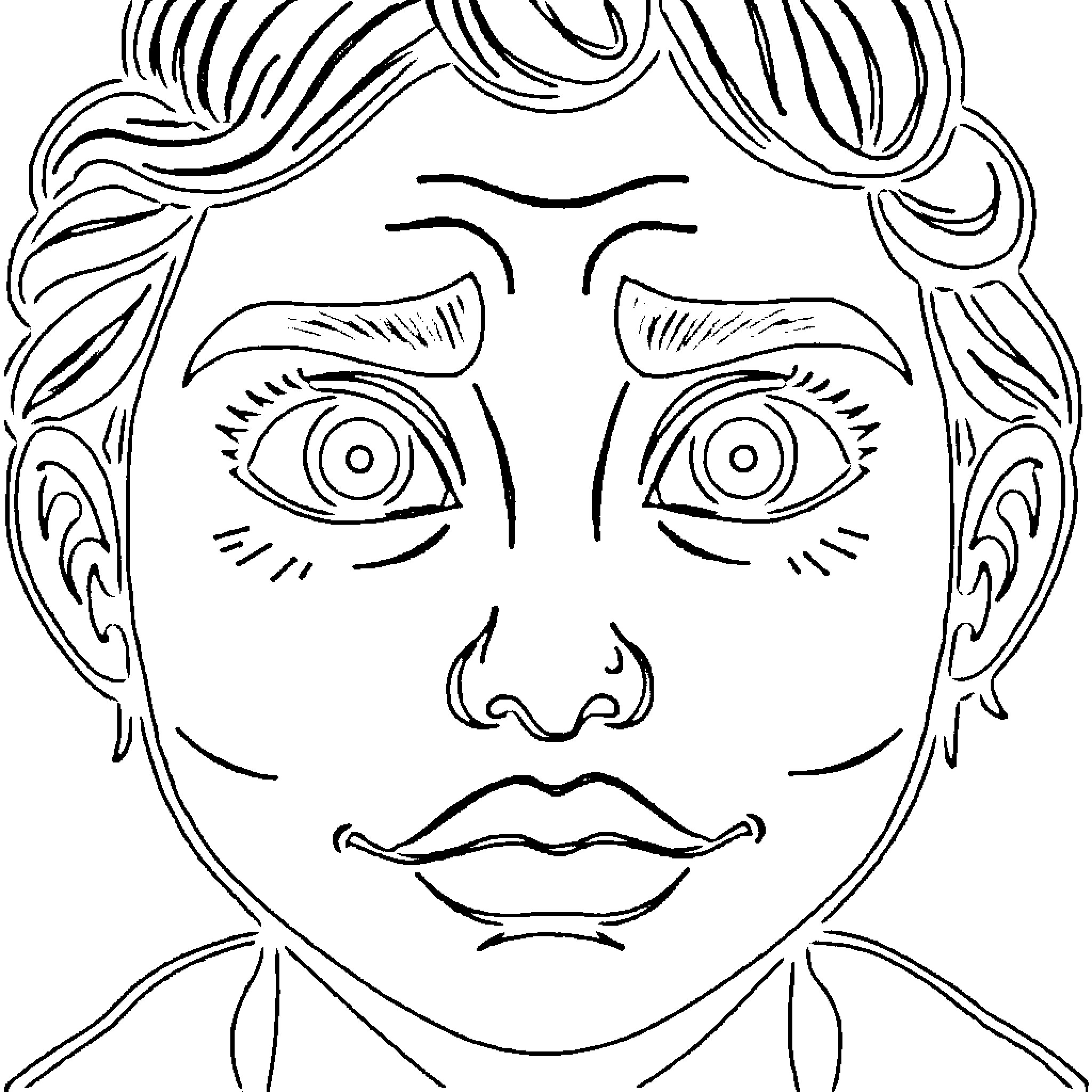 Face with Expressive Features Coloring Page (free black-and-white line drawing printable PDF for all, from beginners to advanced learners, including children, teens, adults, and seniors)