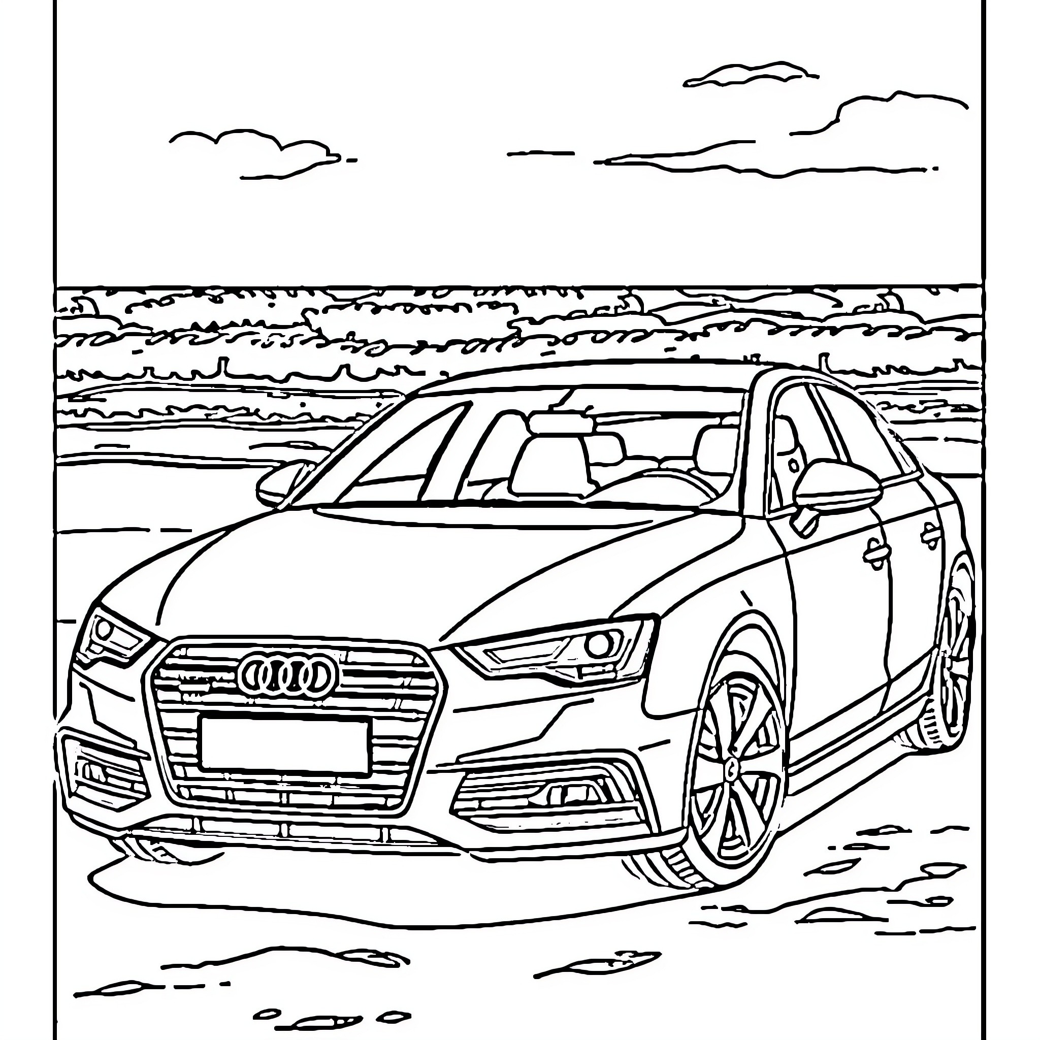 Audi vehicle in scenic landscape Coloring Page (free black-and-white line drawing printable PDF for all, from beginners to advanced learners, including children, teens, adults, and seniors)