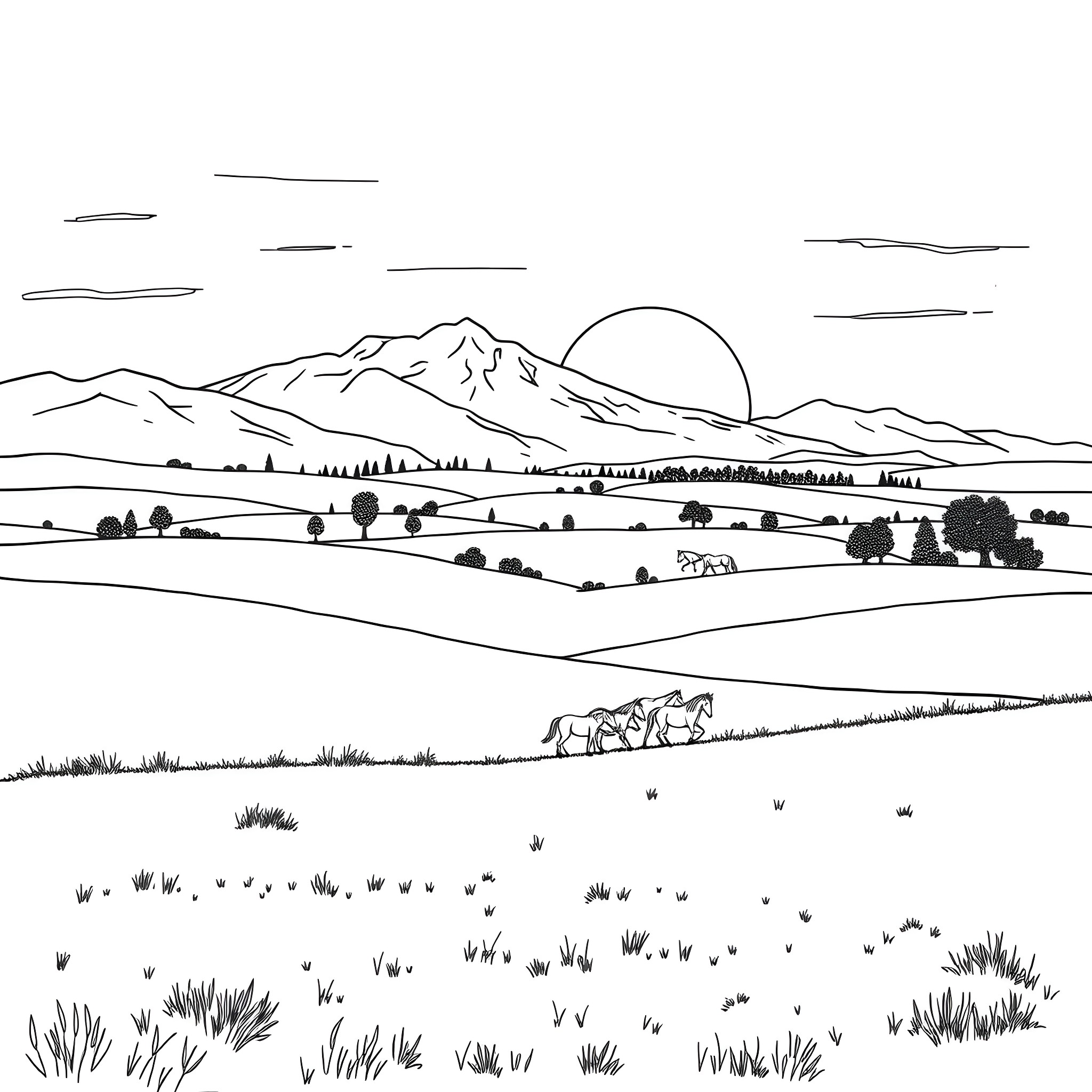 Horse-drawn Carriage in Scenic Countryside Landscape Coloring Page (free black-and-white line drawing printable PDF for all, from beginners to advanced learners, including children, teens, adults, and seniors)