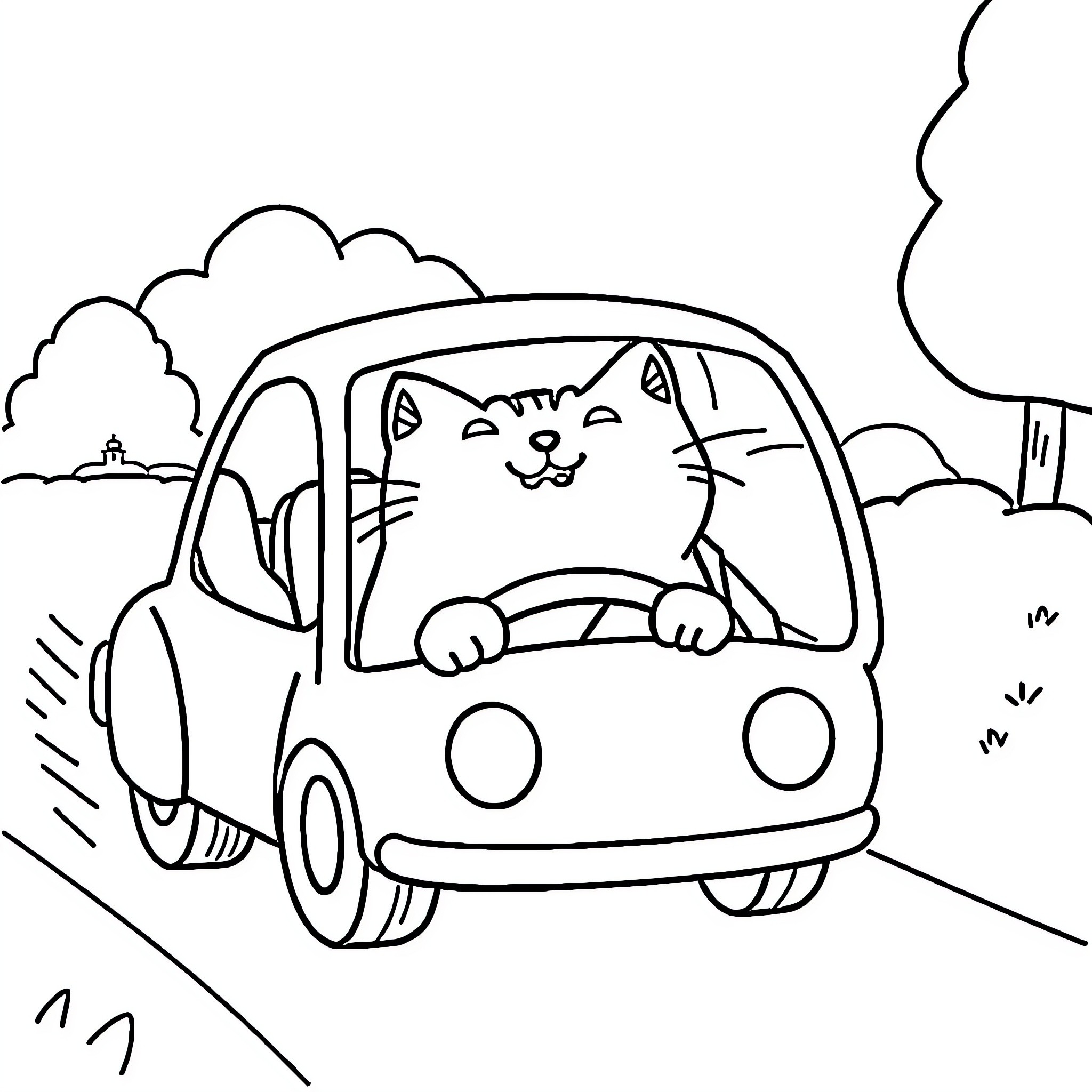 Pusheen Driving Happily in a Car Coloring Page (free black-and-white line drawing printable PDF for all, from beginners to advanced learners, including children, teens, adults, and seniors)