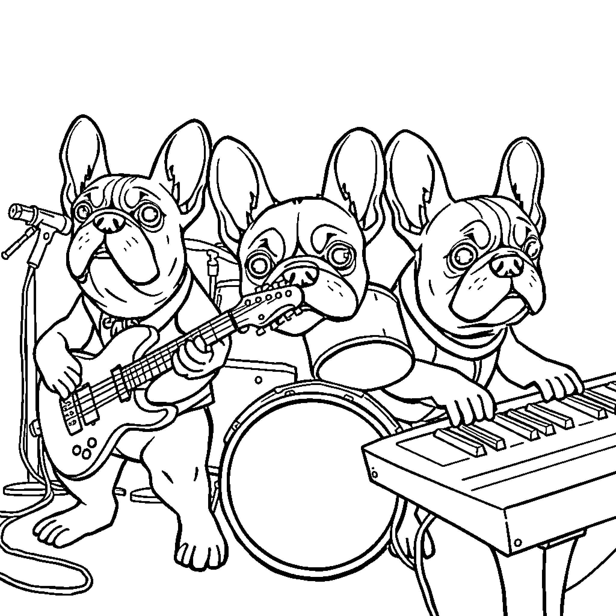 French Bulldogs forming a musical band Coloring Page (free black-and-white line drawing printable PDF for all, from beginners to advanced learners, including children, teens, adults, and seniors)