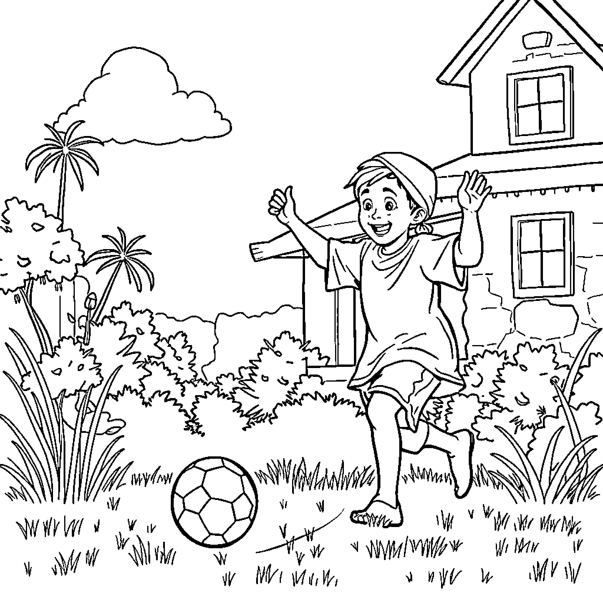 Boy kicking soccer ball in backyard landscape Coloring Page (free black-and-white line drawing printable PDF for all, from beginners to advanced learners, including children, teens, adults, and seniors)
