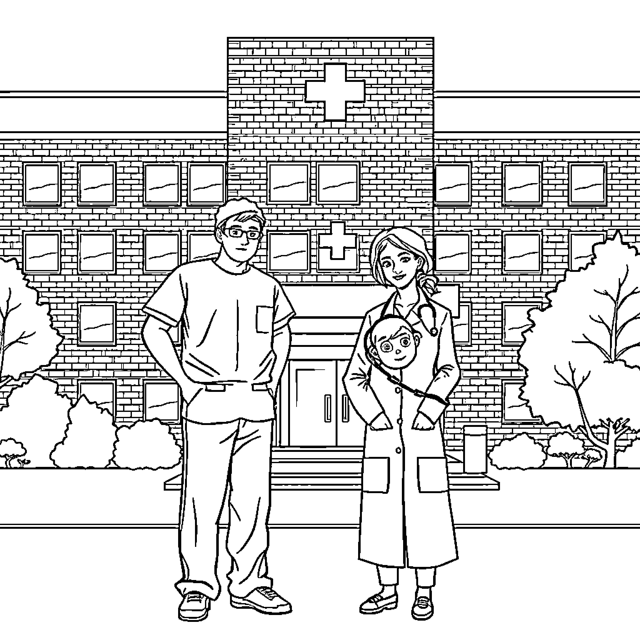 Surgeon Couple Posing Outside Medical Facility Coloring Page (free black-and-white line drawing printable PDF for all, from beginners to advanced learners, including children, teens, adults, and seniors)