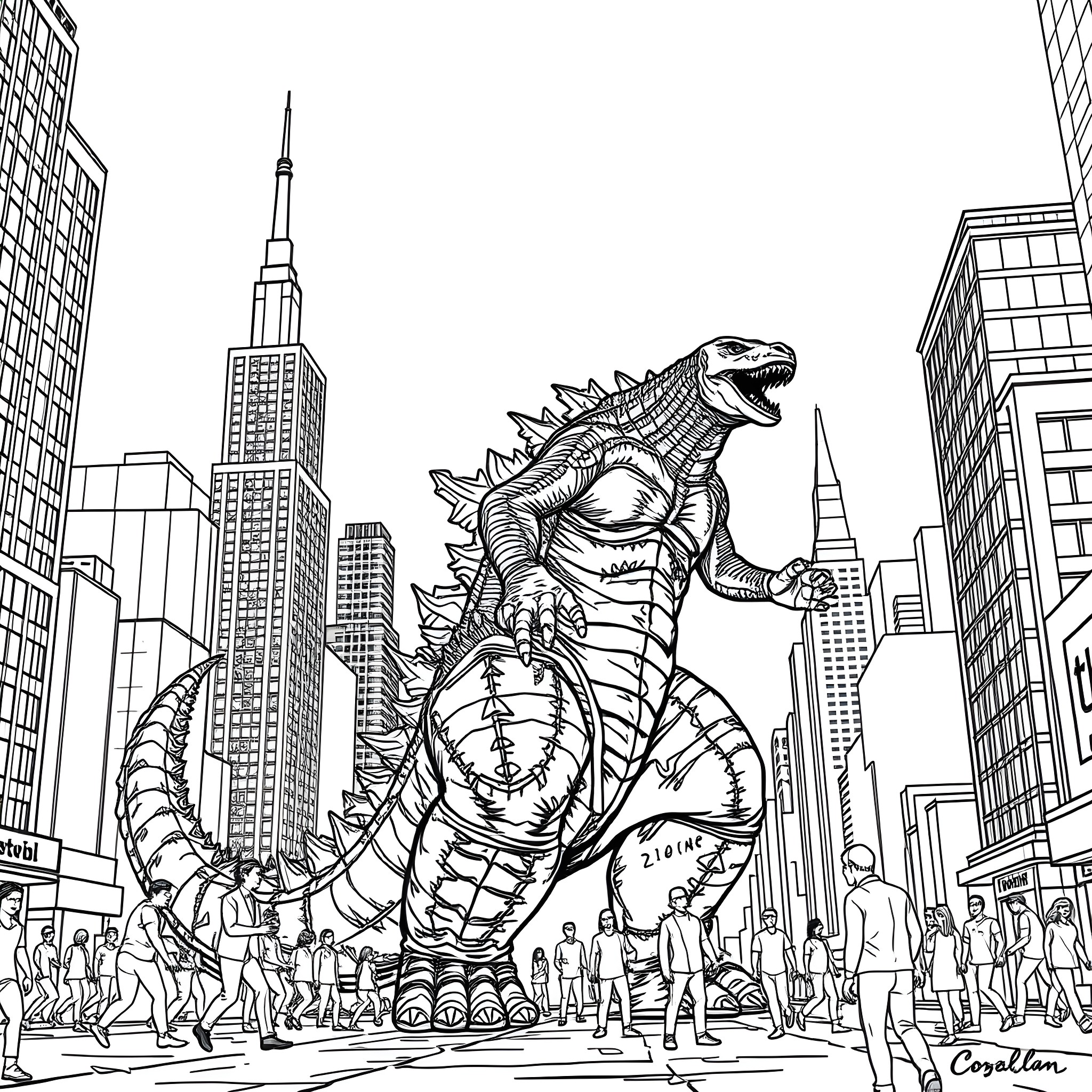 Godzilla Attacks the City in a Chaotic Scene Coloring Page (free black-and-white line drawing printable PDF for all, from beginners to advanced learners, including children, teens, adults, and seniors)