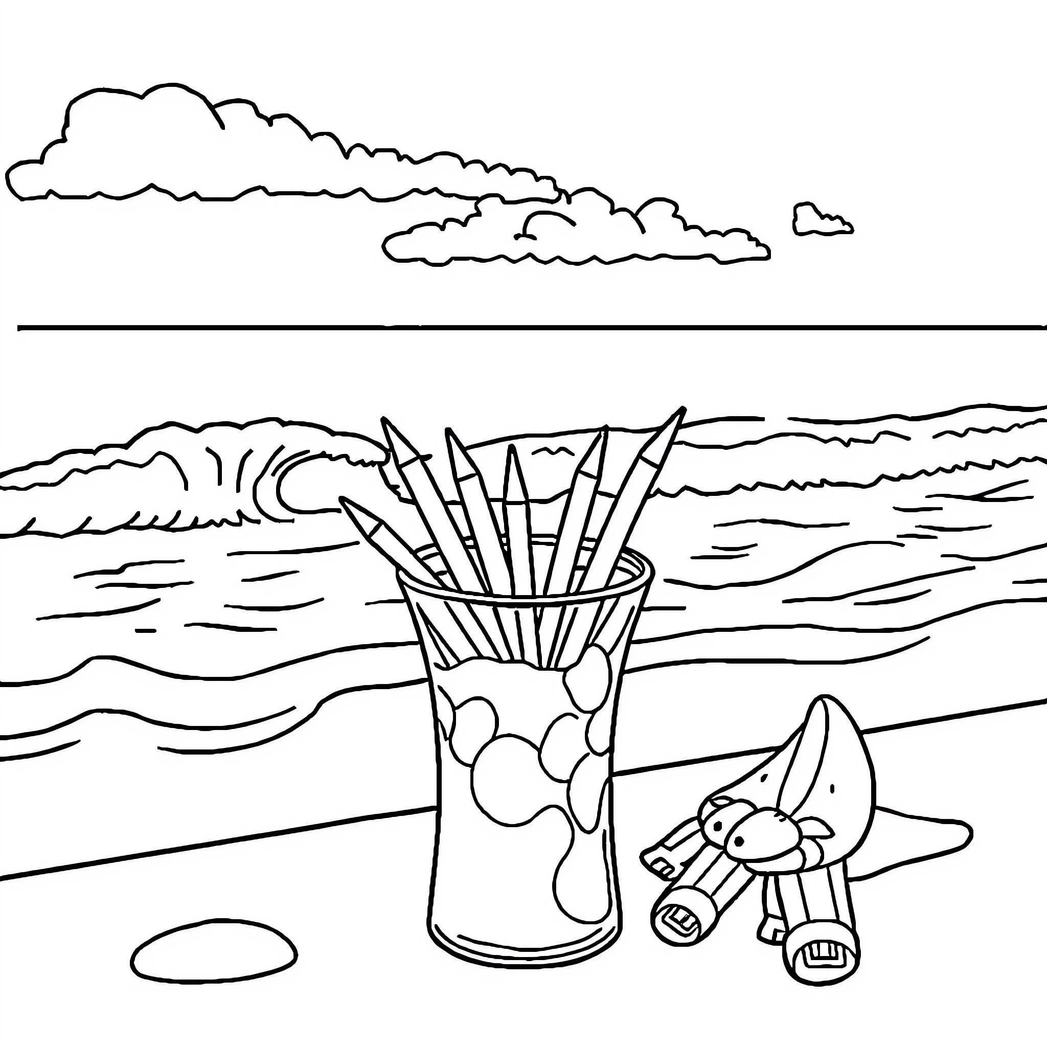 Picadita - Art supplies on the beach Coloring Page (free black-and-white line drawing printable PDF for all, from beginners to advanced learners, including children, teens, adults, and seniors)