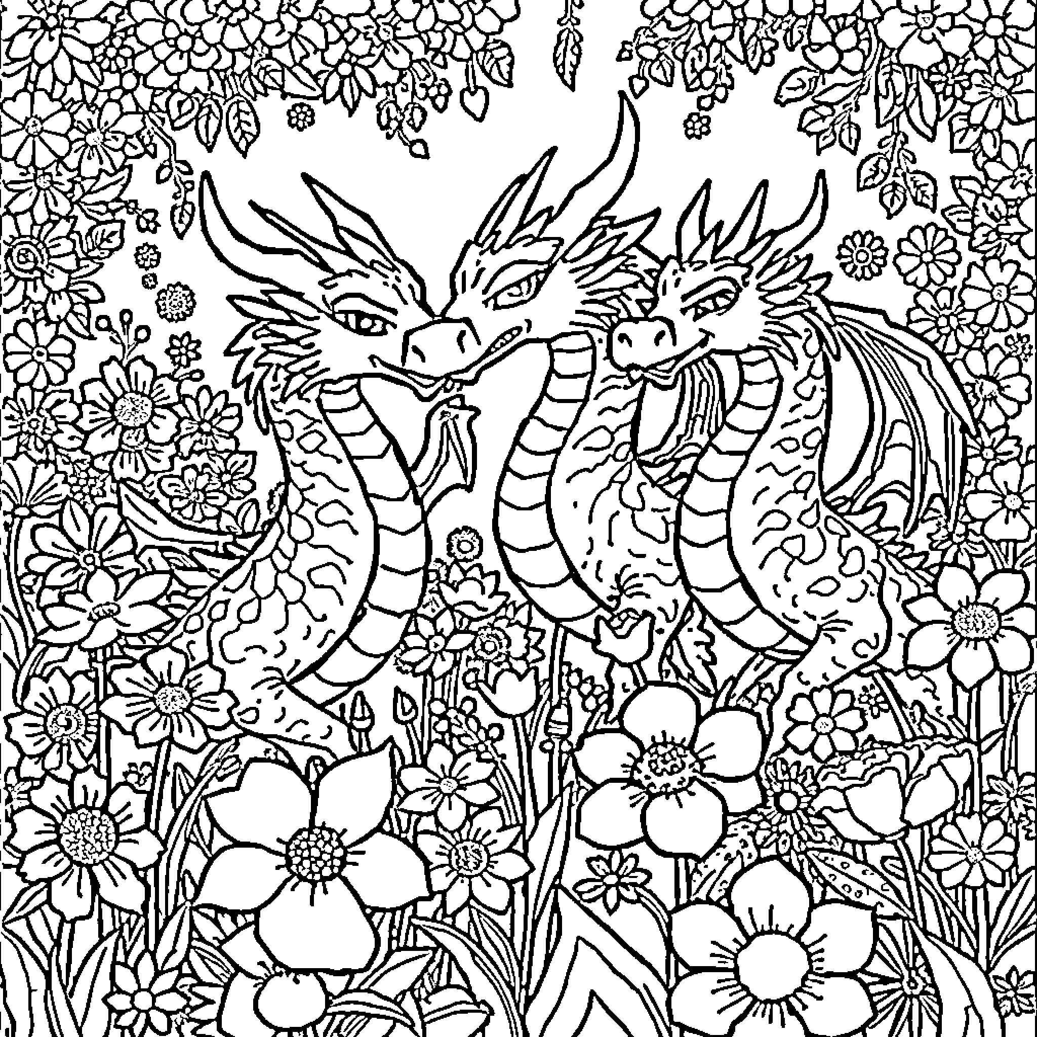 Dragon friends surrounded by beautiful flowers Coloring Page (free black-and-white line drawing printable PDF for all, from beginners to advanced learners, including children, teens, adults, and seniors)