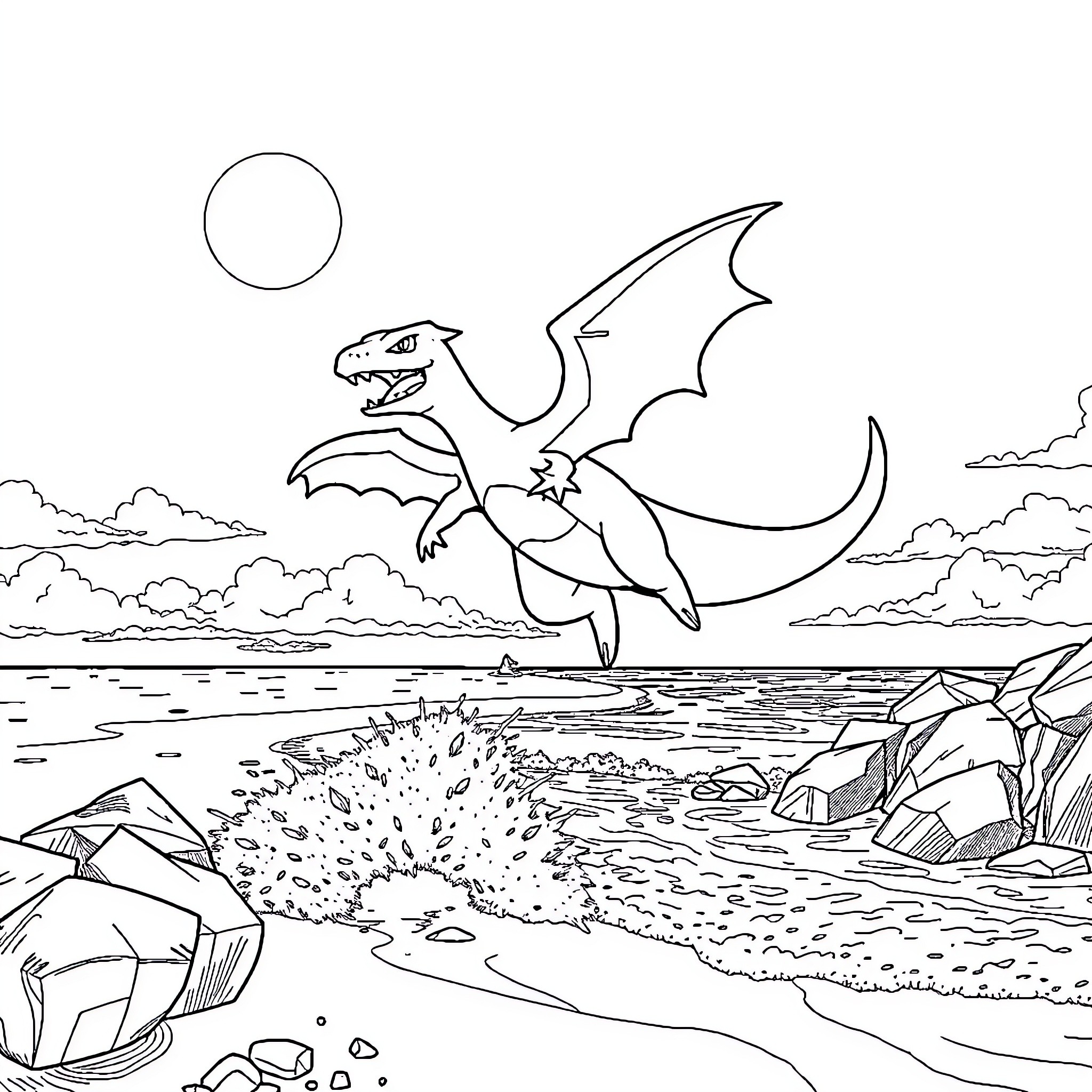Charizard soaring over a rocky landscape Coloring Page (free black-and-white line drawing printable PDF for all, from beginners to advanced learners, including children, teens, adults, and seniors)