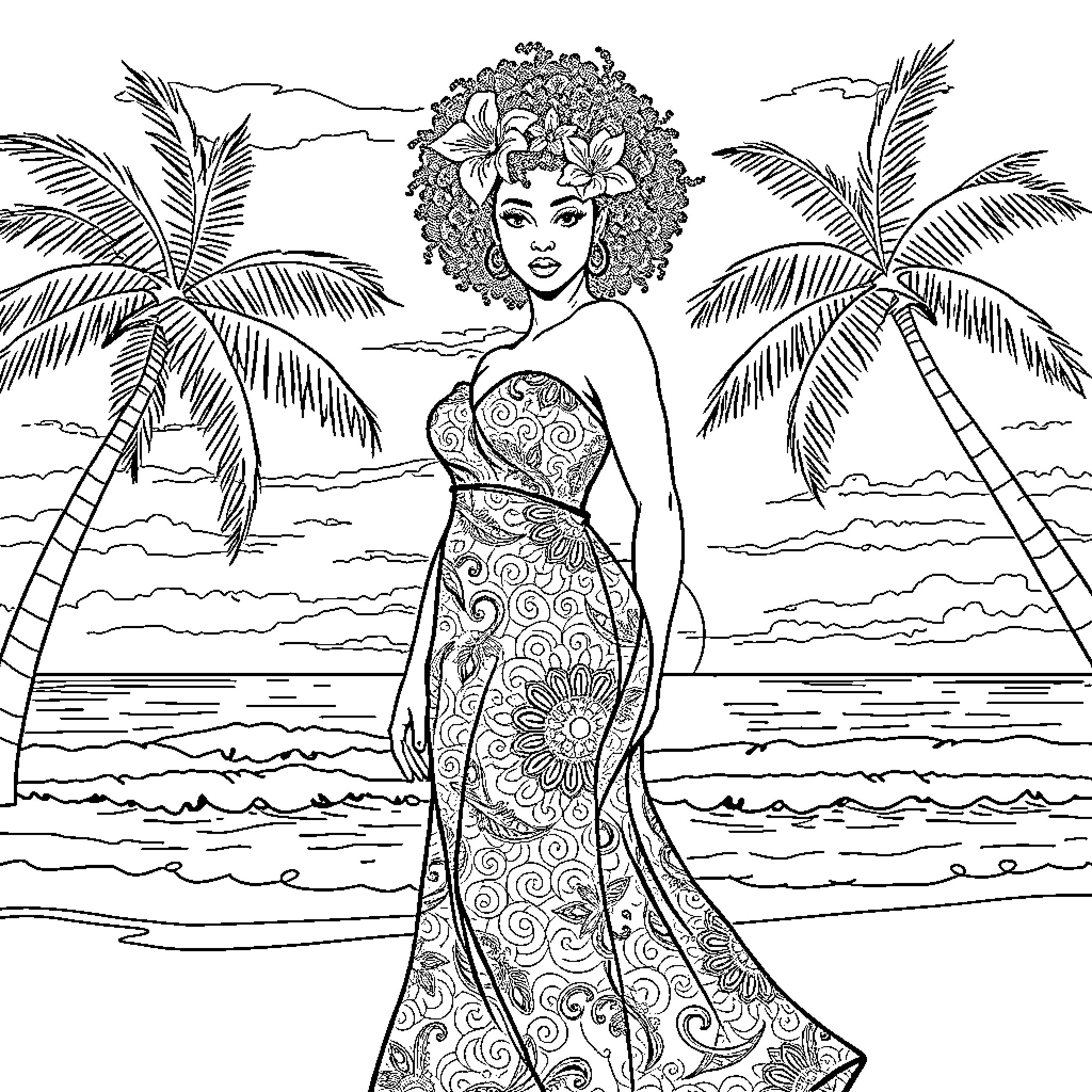 Woman in colorful dress standing on beach with palm trees Coloring Page (free black-and-white line drawing printable PDF for all, from beginners to advanced learners, including children, teens, adults, and seniors)