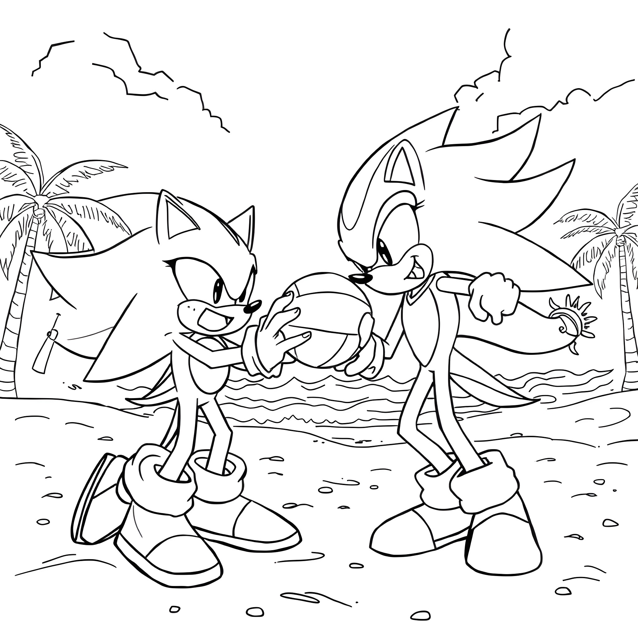 Sonic and Friends on the Beach Coloring Page (free black-and-white line drawing printable PDF for all, from beginners to advanced learners, including children, teens, adults, and seniors)