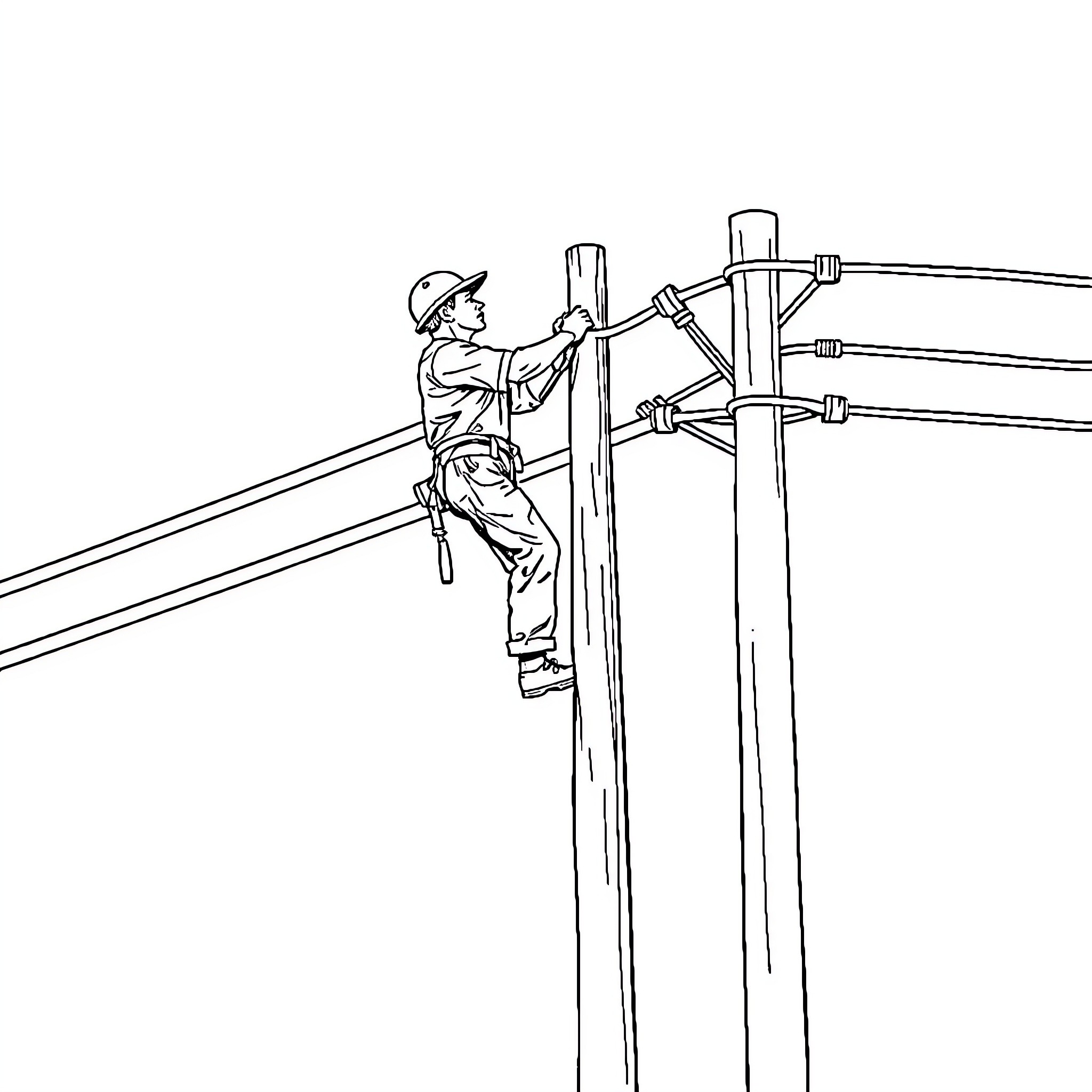 Lineworker ascending utility pole Coloring Page (free black-and-white line drawing printable PDF for all, from beginners to advanced learners, including children, teens, adults, and seniors)