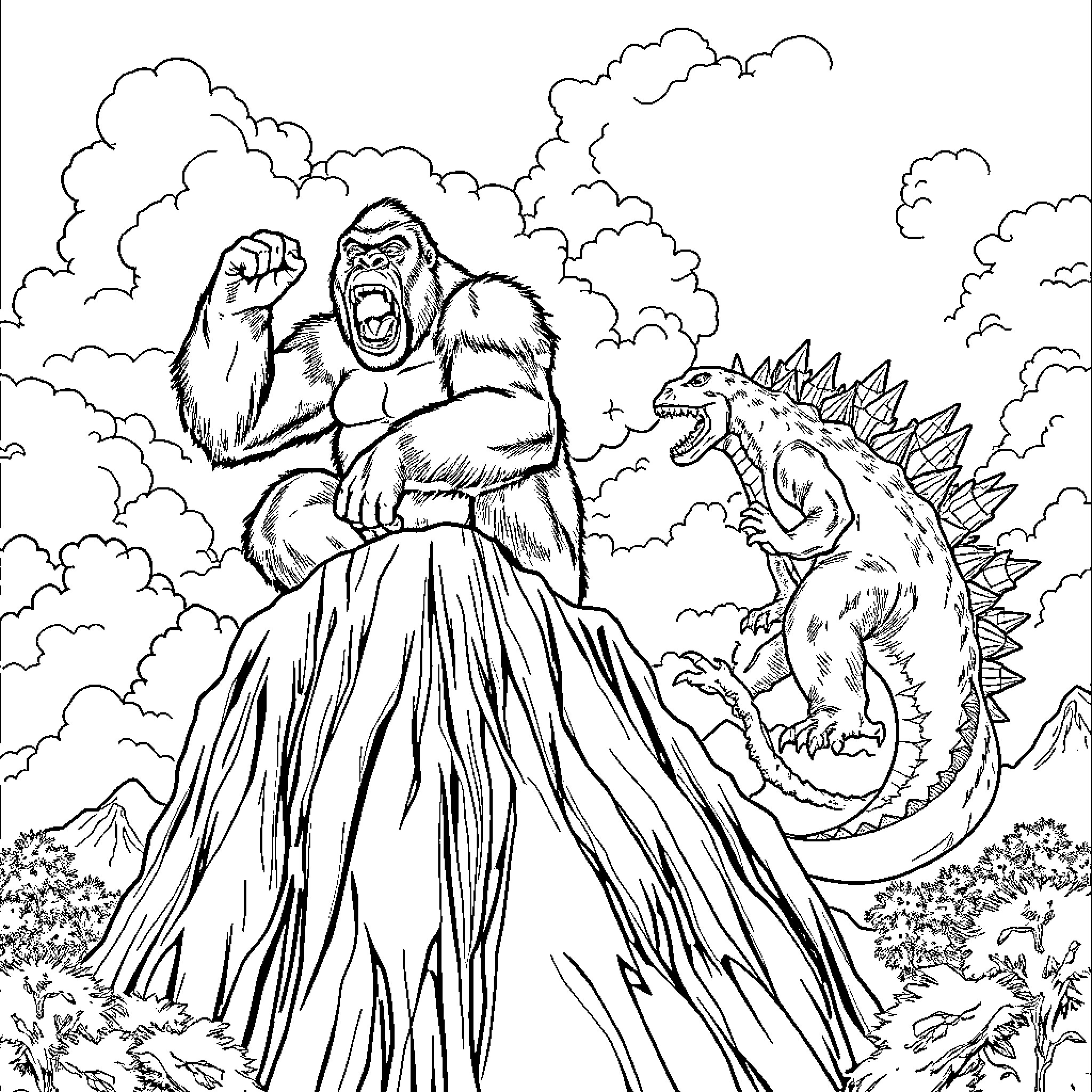 King Kong battling a fierce dinosaur in the wild Coloring Page (free black-and-white line drawing printable PDF for all, from beginners to advanced learners, including children, teens, adults, and seniors)