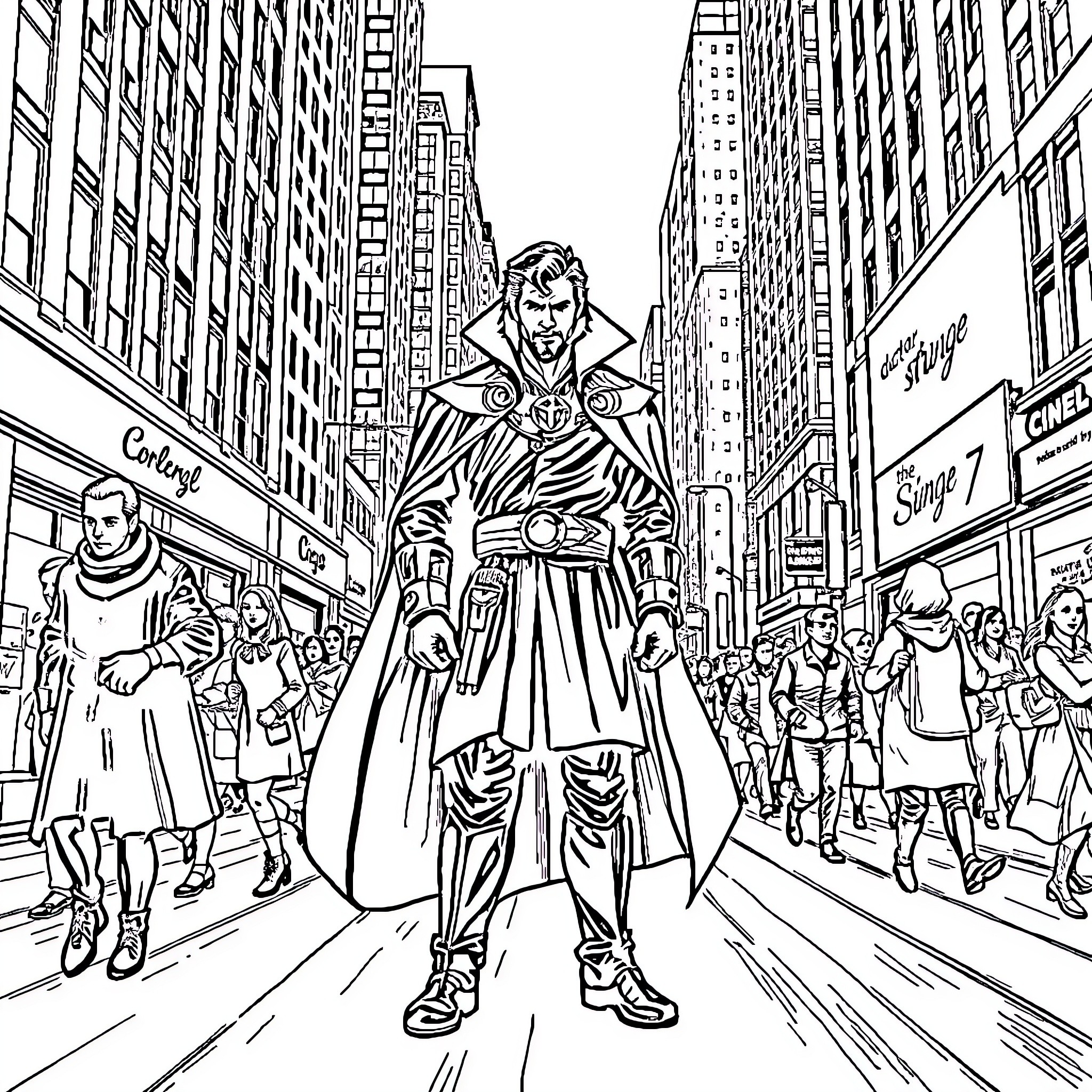 Doctor Strange Walks Heroically Through NYC Coloring Page (free black-and-white line drawing printable PDF for all, from beginners to advanced learners, including children, teens, adults, and seniors)